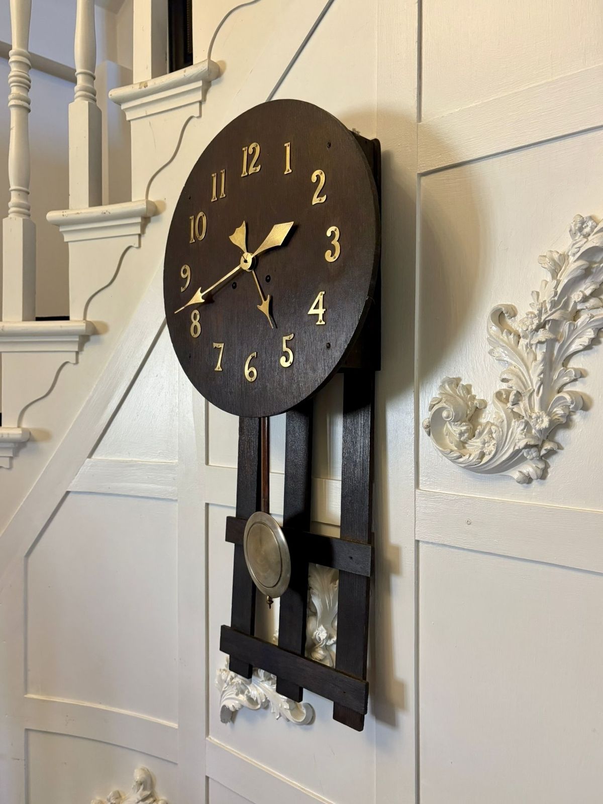 Antique Arts And Crafts Oak Wall Clock Eight Day Striking Movement Brass Numerals photo 1185.0