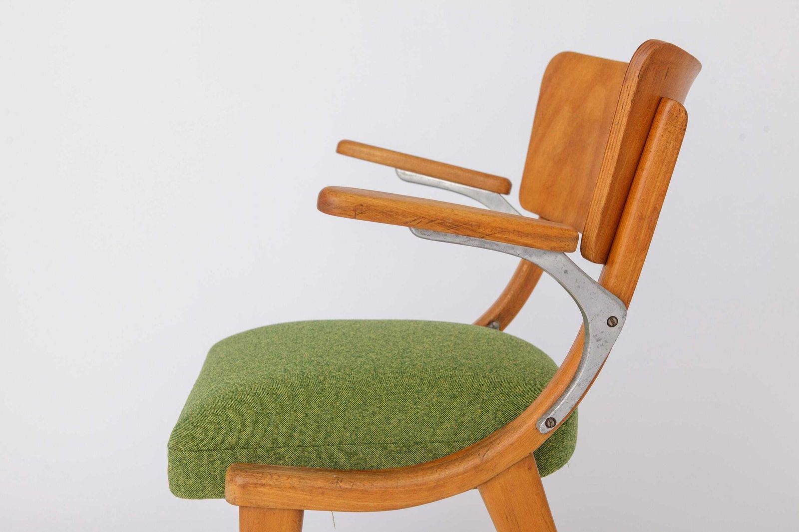 Vintage Armchair 1950s Germany, Beech Wood Chair, Restored & Reupholstered, Light Green Seat, Mid Century Modern photo 362.0