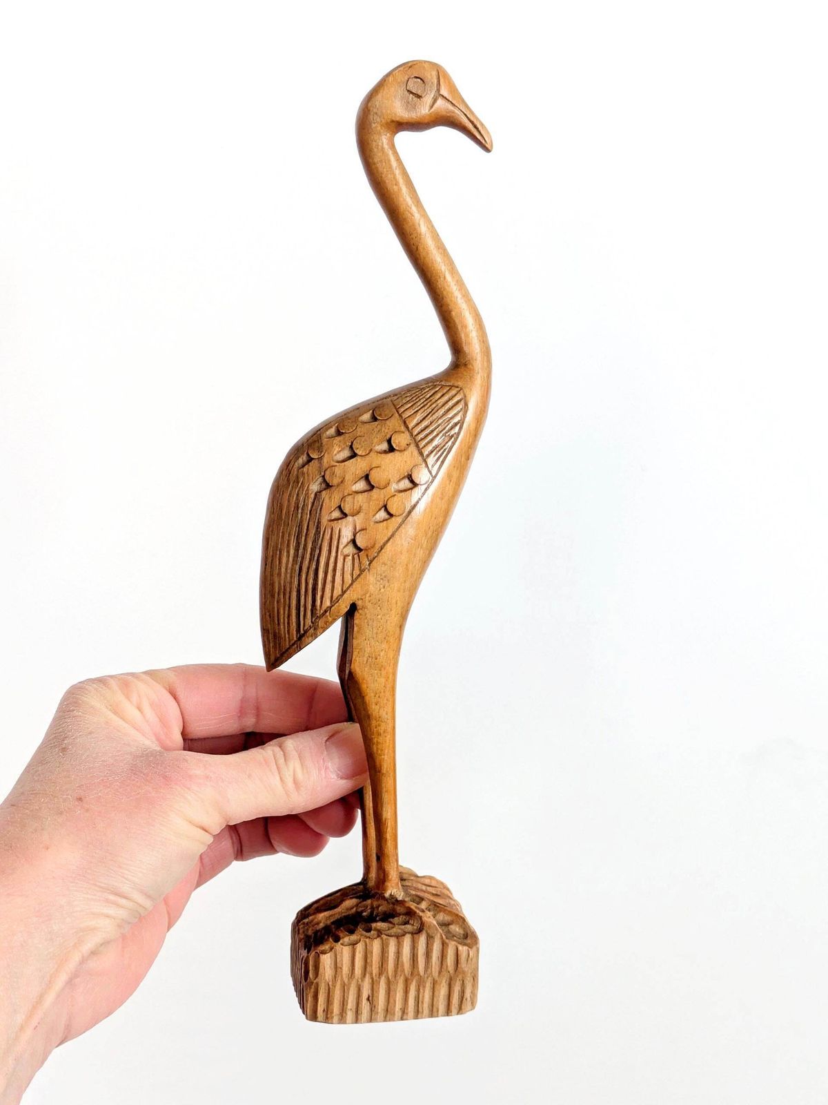 Midcentury Teak Wood Crane Sculpture, Hand Carved Bird, Scandinavian Modern Decor photo vinterior