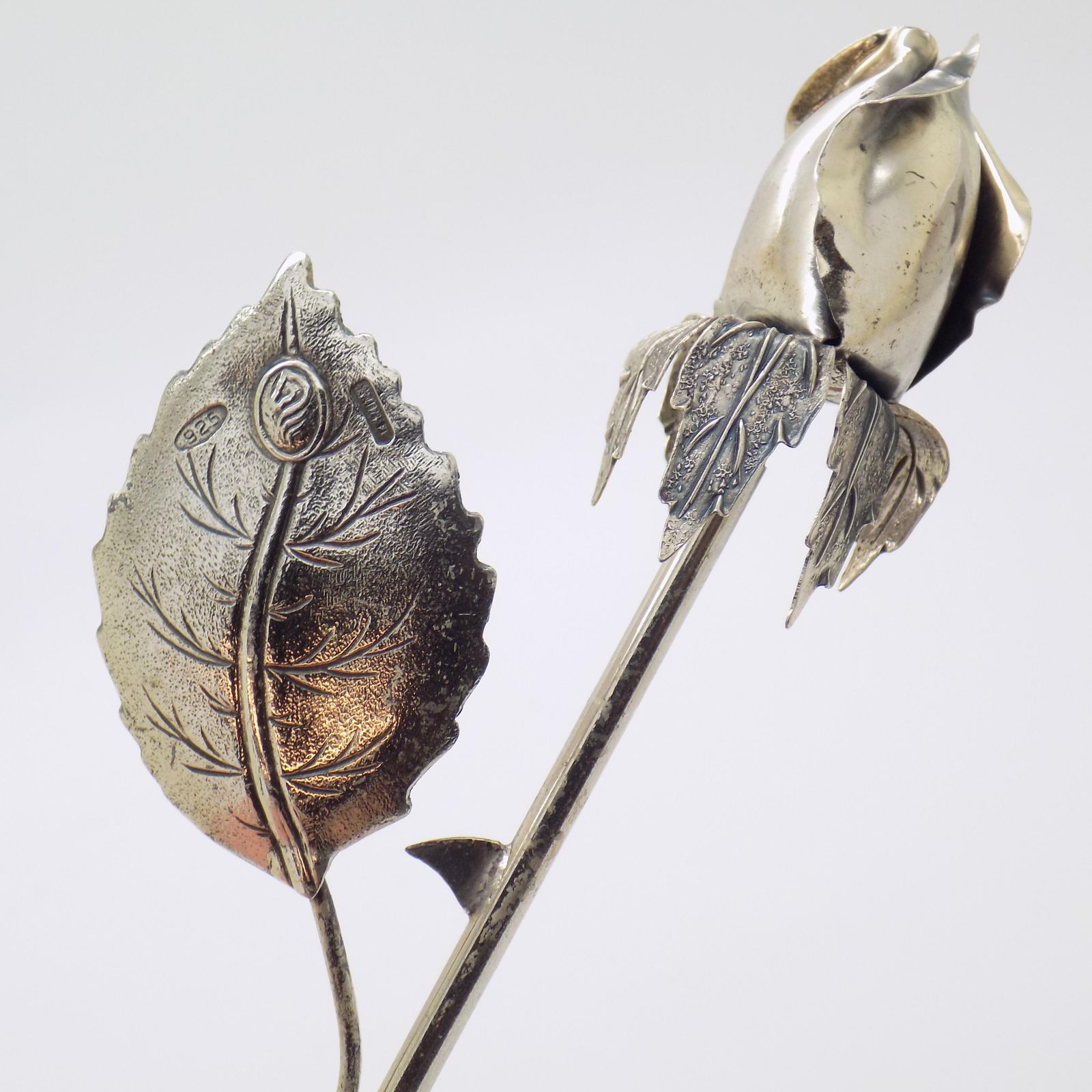 Vintage Italian Handmade Genuine Sterling Silver Long Stem Rosebud Figurine, 1980s photo Home Decor