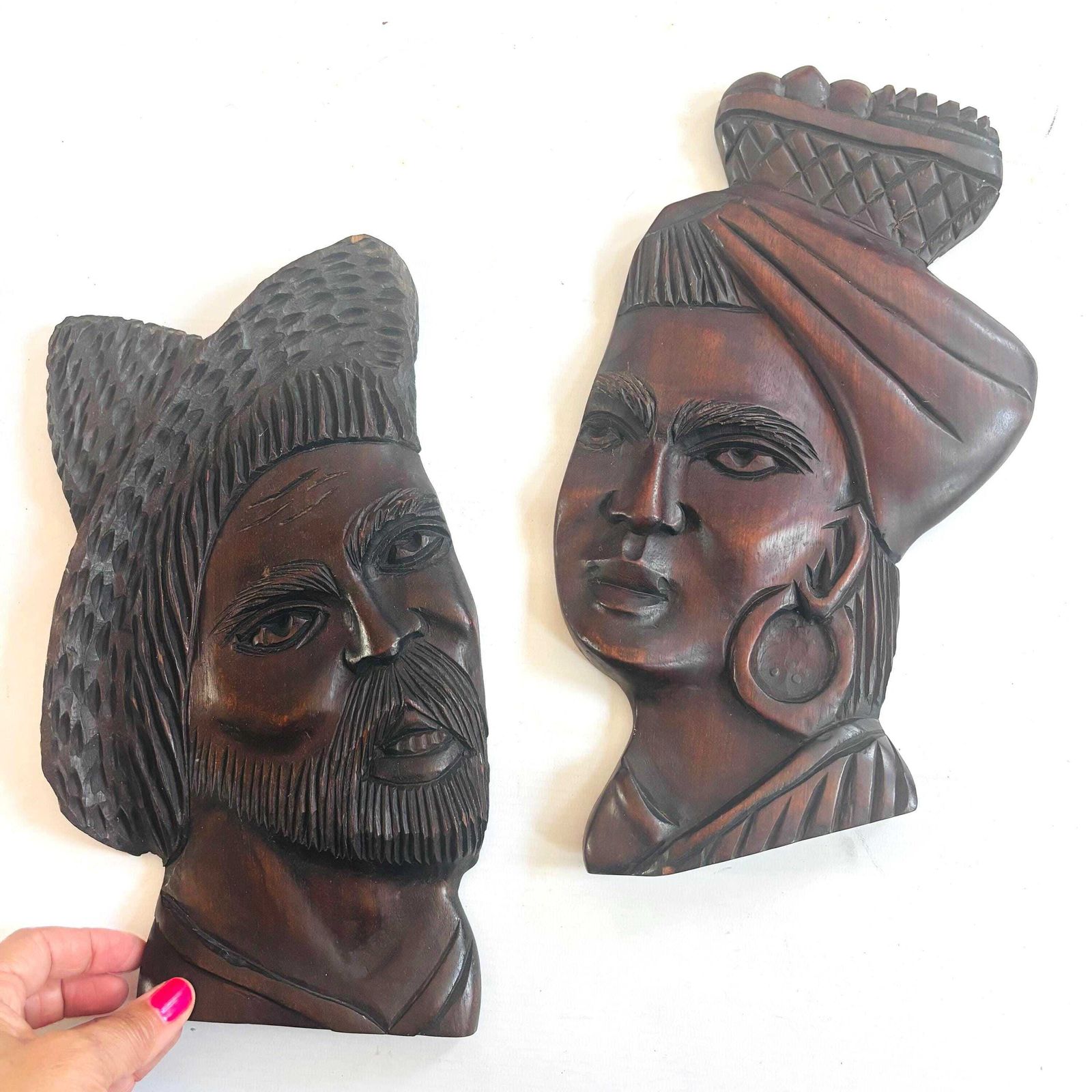 Pair Of Mid Century Brazilian Hand Carved Hardwood Wall Plaques – "Baiana" & Male Figure Afro Brazil photo furniture