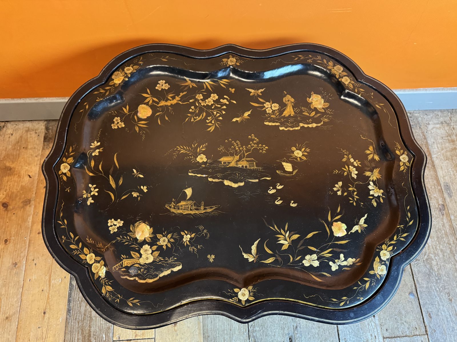 Victorian Papier Mache Tray On Stand With Chinoiserie Decoration photo vintage