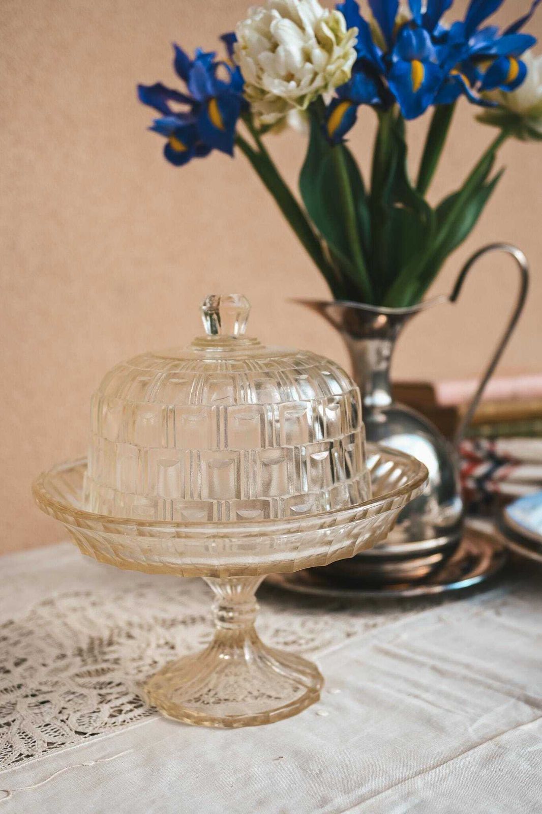 Antique Pressed Glass Cake Stand With Dome | Art Deco Dessert Display | 1920s 30s | French Vintage photo furniture