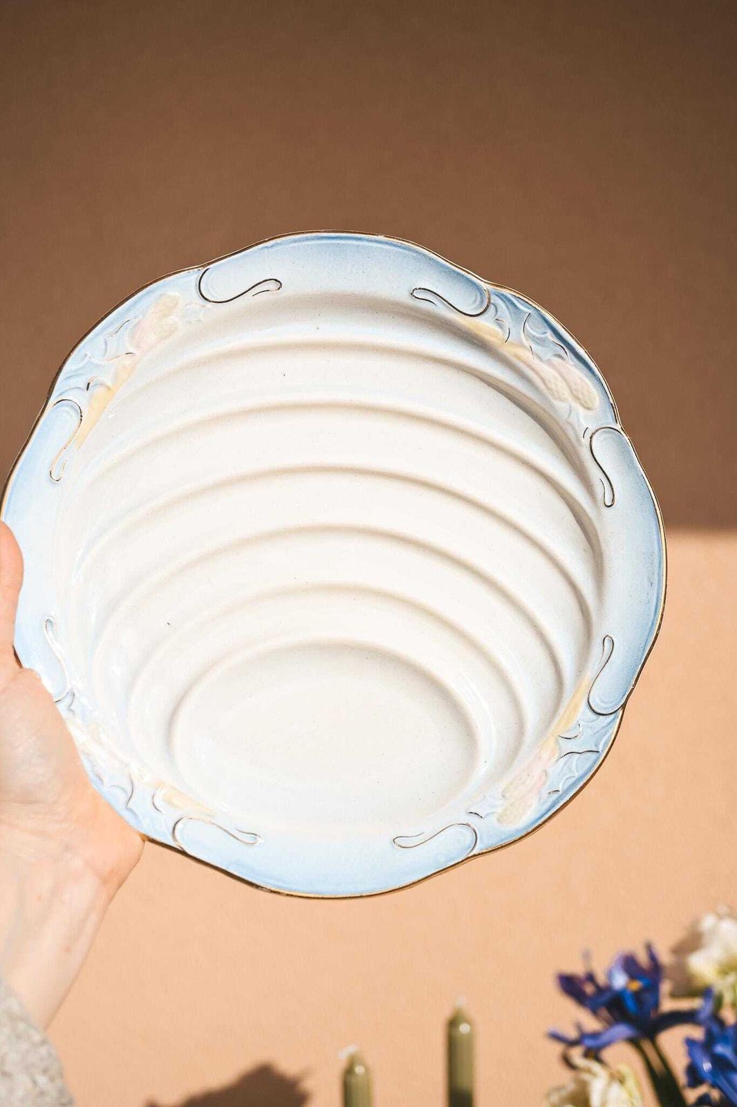 Antique French Barbotine Asparagus Plate | Art Nouveau | Blue Gold Rim | Late 19th Century photo for sale
