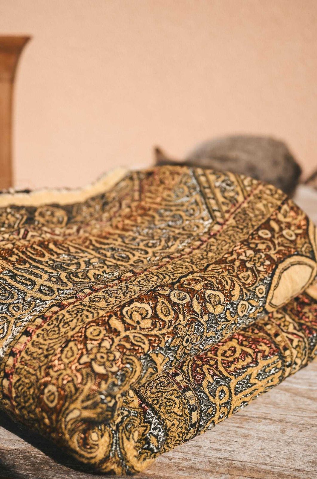 Antique Orientalist Throw Blanket Silk Accents Gold Lotus Mandala Early 20th Century 135x240cm photo furniture