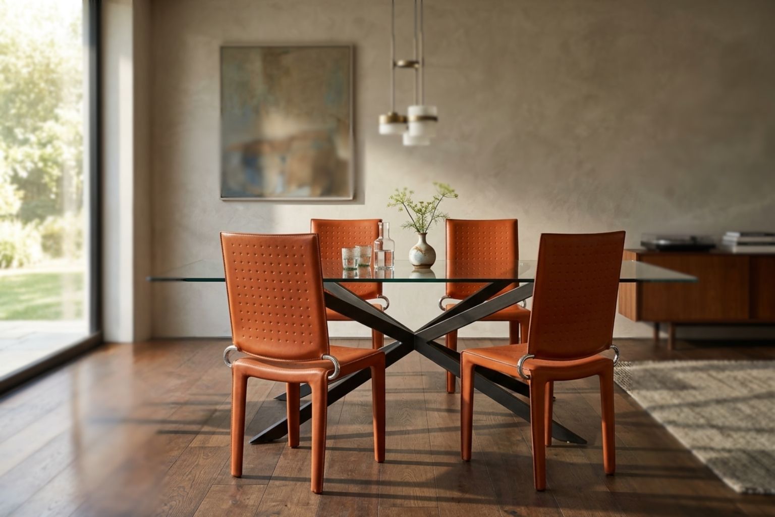 Set Di 4 Sedie Design In Cuoio Arancione E Ferro Vintage