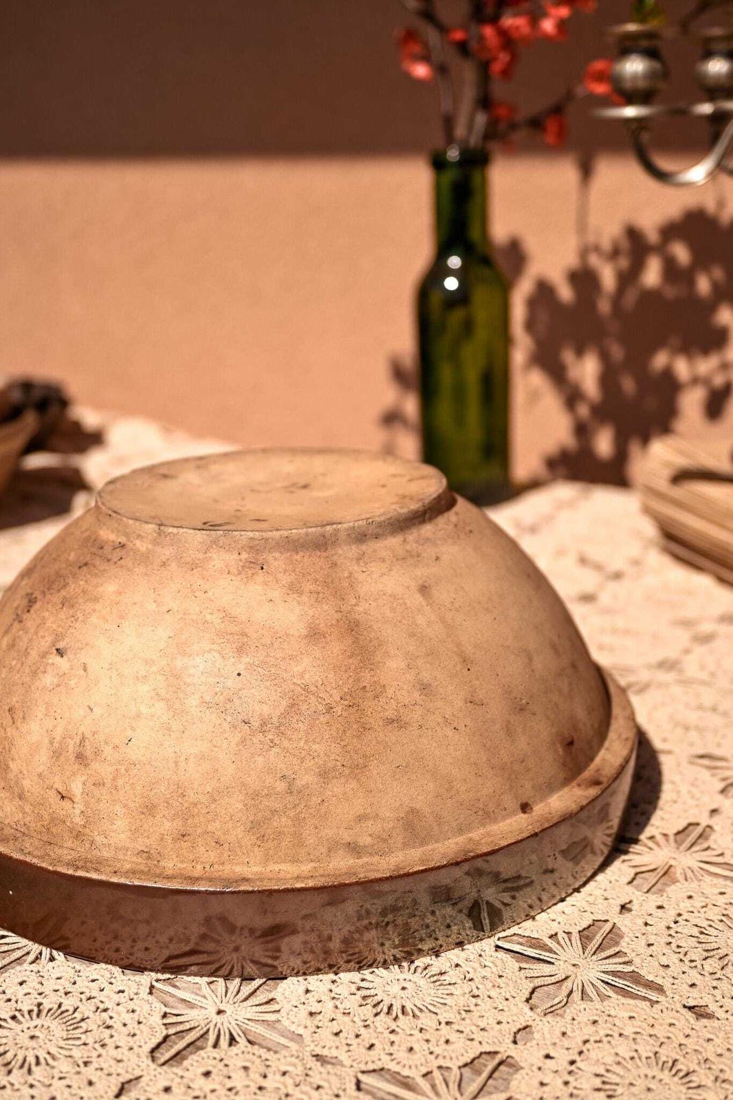 Antique French Stoneware Mixing Bowl Large Farmhouse Salad Bowl Brown Rim Glazed Interior 36cm photo 294.0