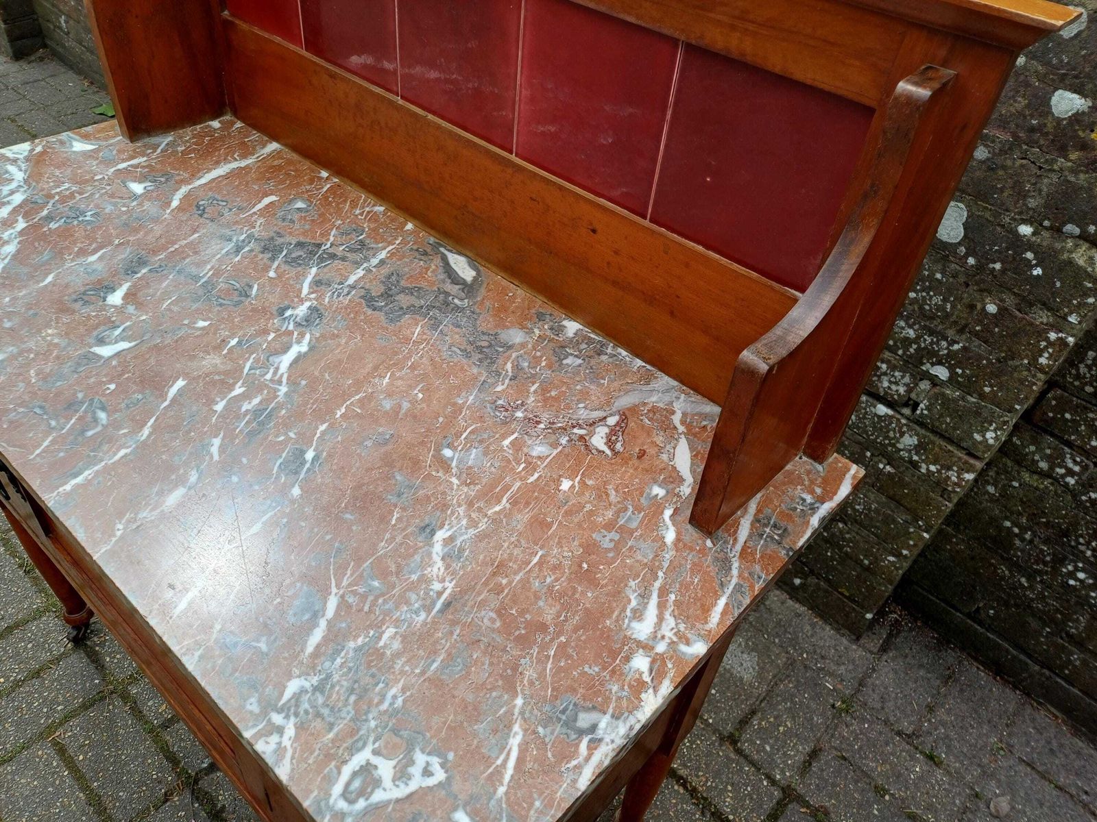 Early 20th Century Satinwood Washstand Marble Top Tile Back Antique Bedroom Cabinet On Casters Original Finish Edwardian Free Hand Delivery photo vinterior
