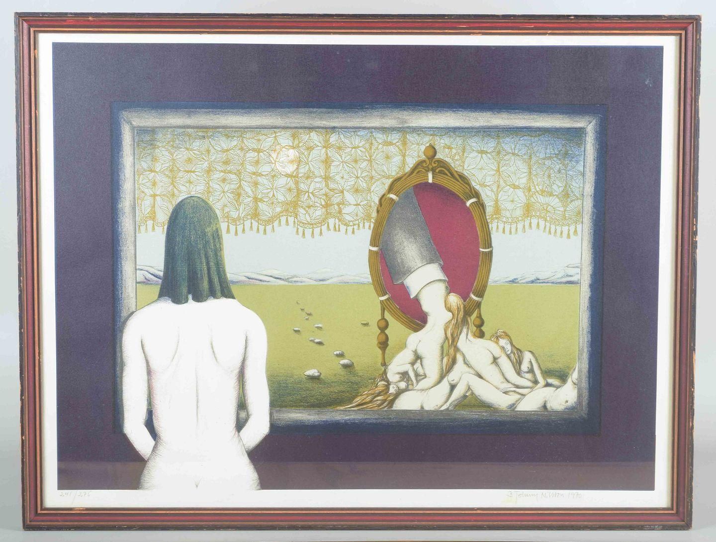 Bert Johnny Nilsson. Lithographie sur papier. Composition surréaliste avec figure nue. photo furniture