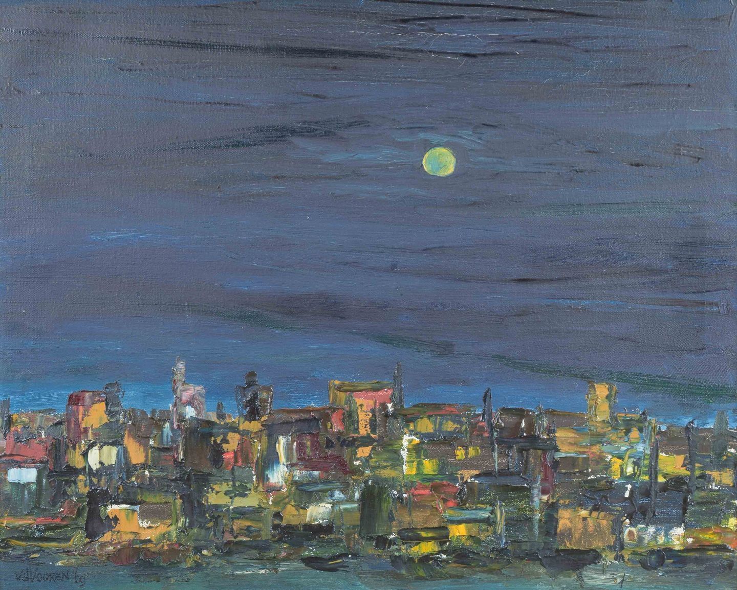 Van De Vooren, Dutch Artist. Oil On Canvas. Expressive Nocturnal Cityscape 1969