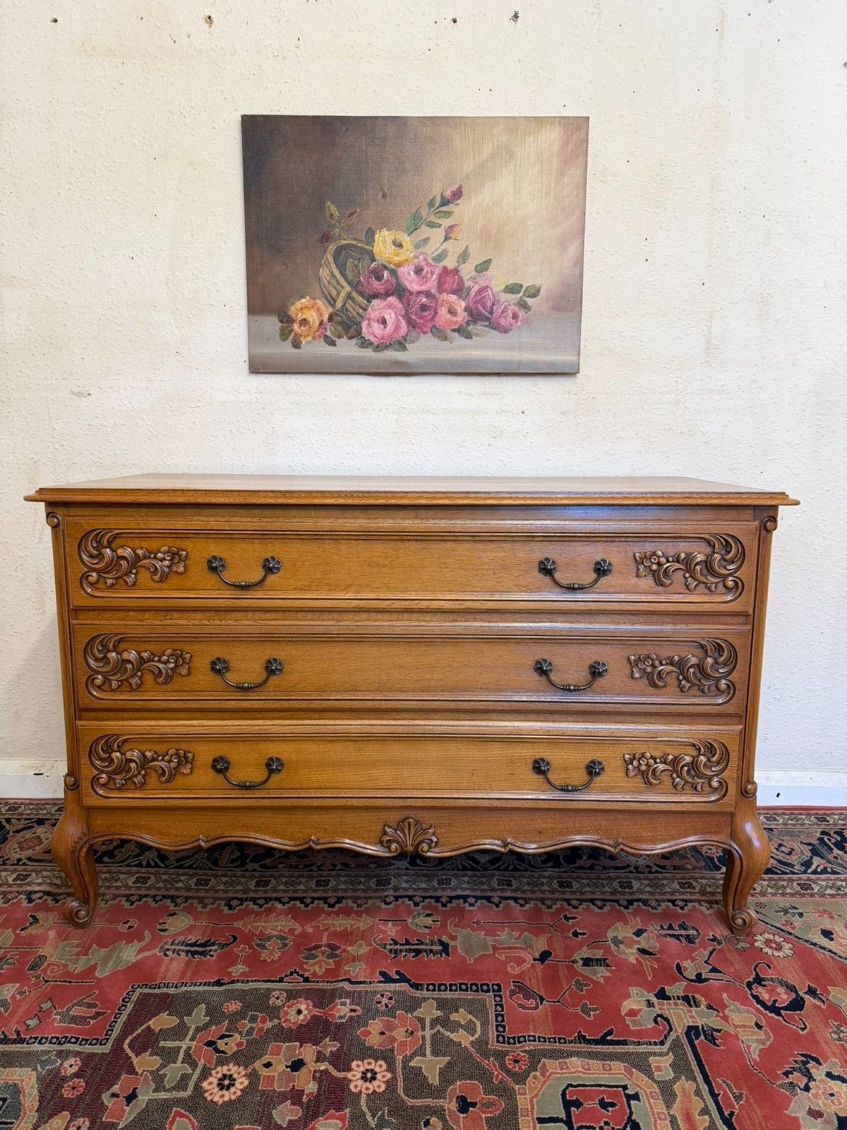 Quality French Carved Oak Chest Of Three Drawers Circa 1950
