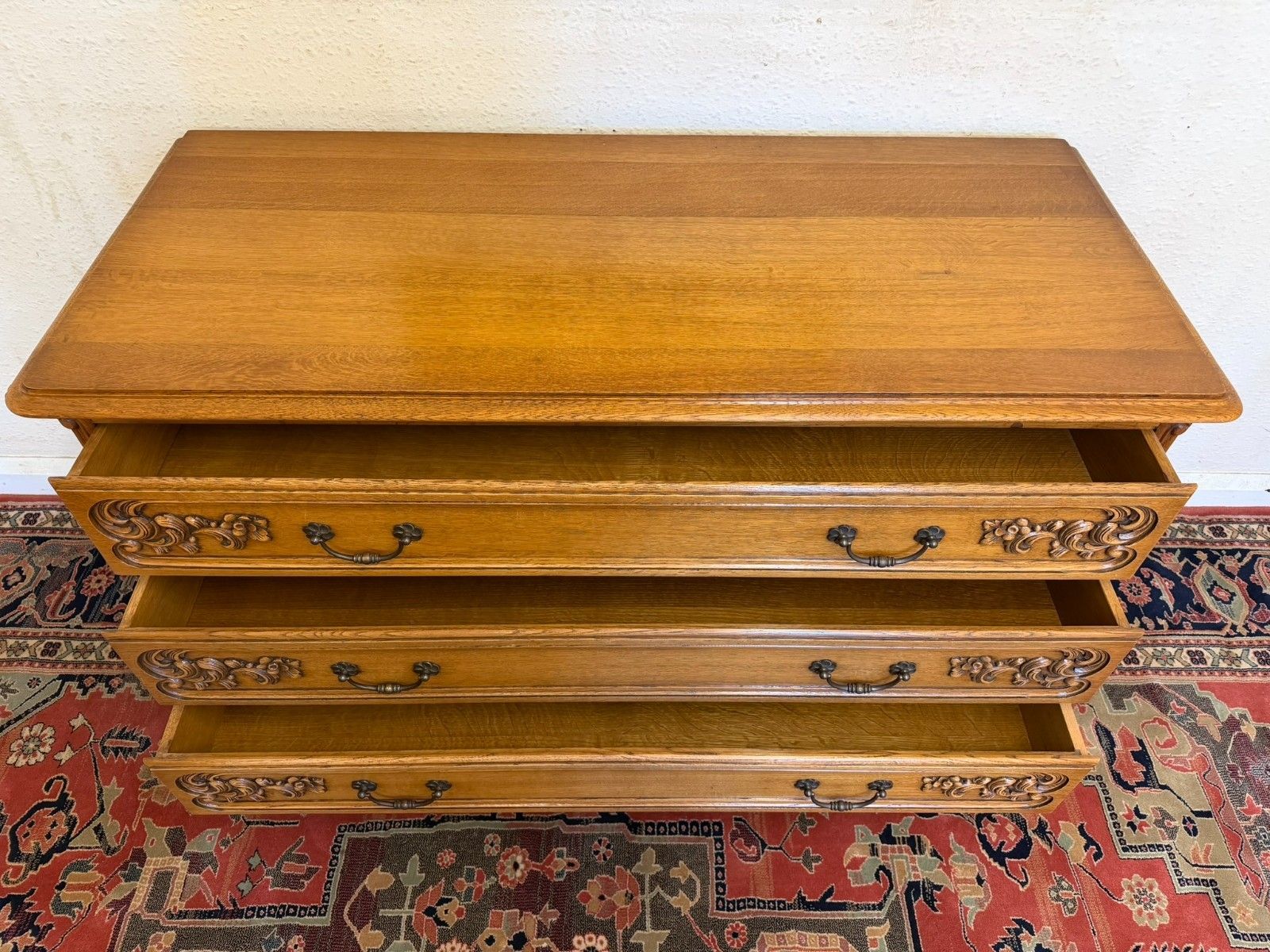 Quality French Carved Oak Chest Of Three Drawers Circa 1950 photo vintage