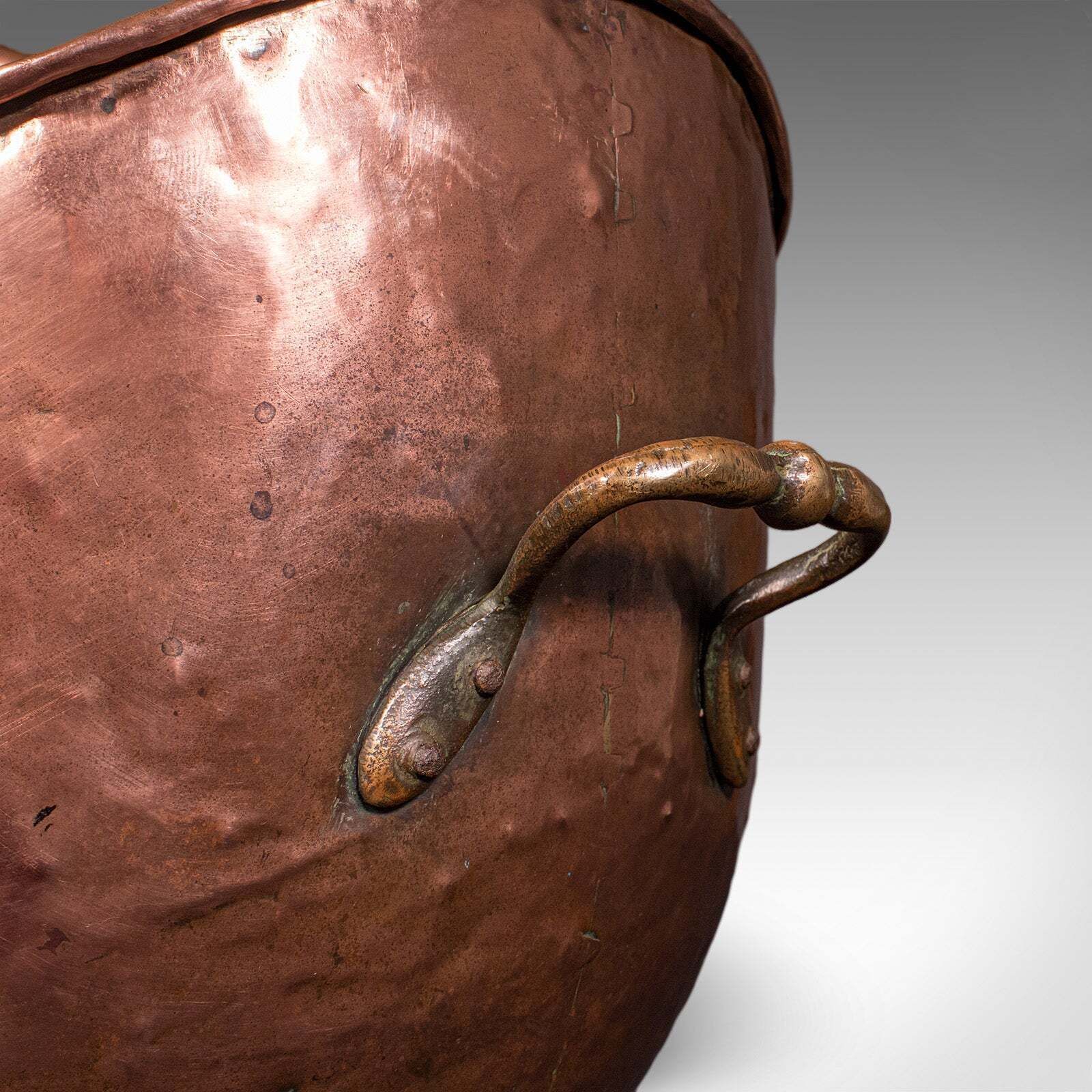 photo for sale Antique Helmet Coal Scuttle, English, Copper, Fireplace Fuel Keeper, Victorian