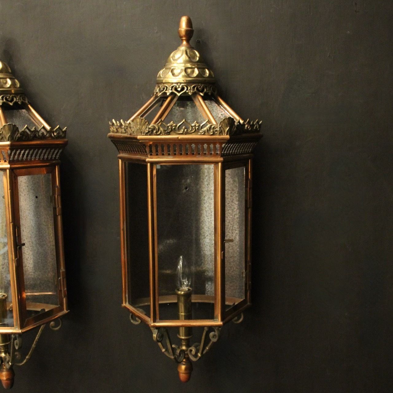 French Pair Of Brass & Copper Half Lanterns photo furniture