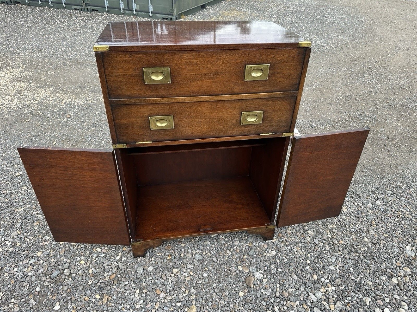 photo vinterior Campaign Style Mahogany Bureau Chest  Of Drawers Drop Writing Desk Brass Storage