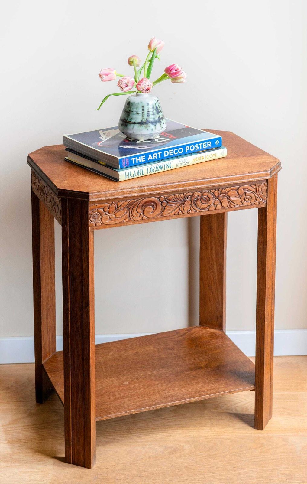 Art Deco Oak Side Table With Drawer – Carved Wooden Accent Table – Antique French Furniture photo furniture