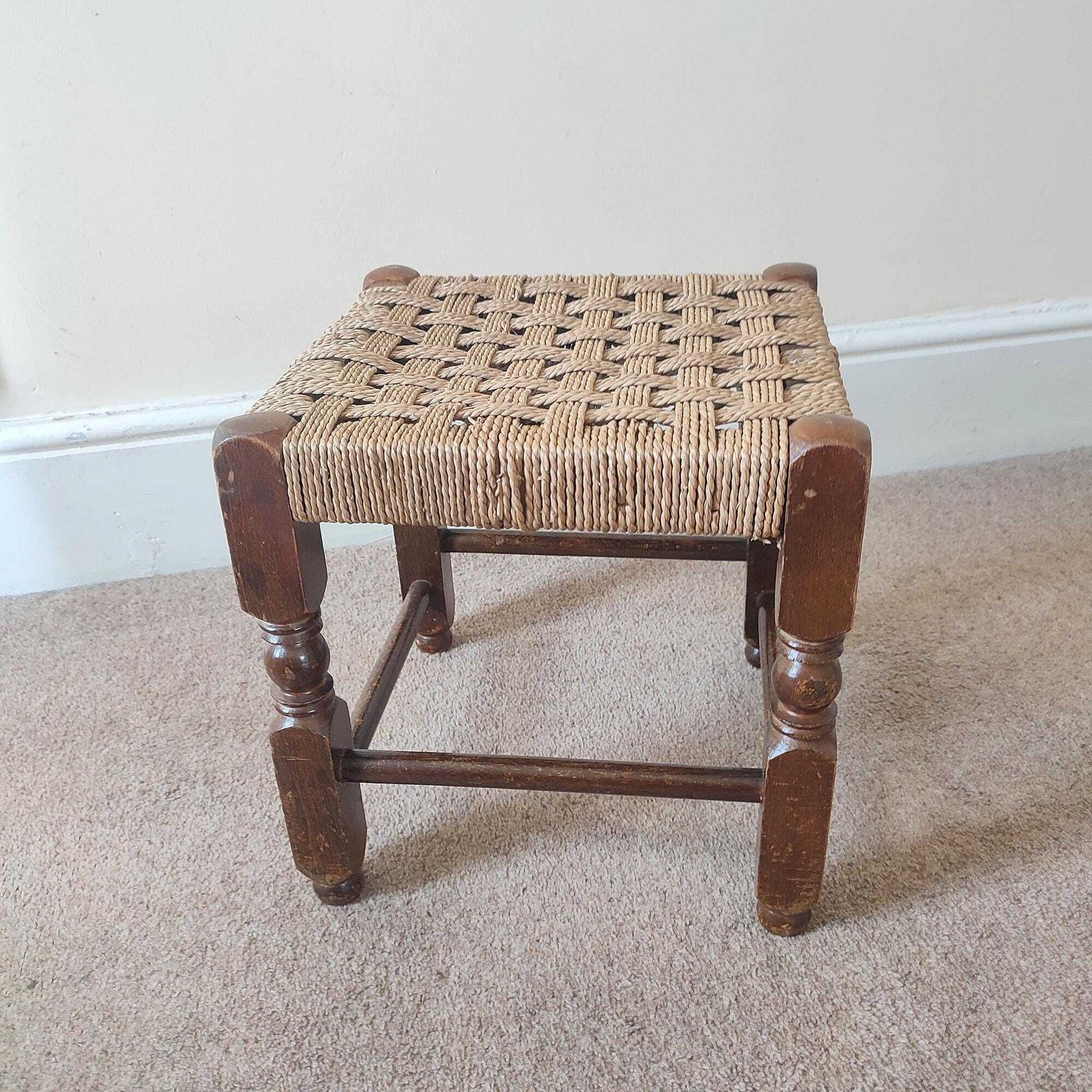 Vintage Rush Stool, Low Oak Footstool, Woven Seat, Rustic French Farmhouse, Country Cottage Decor photo furniture