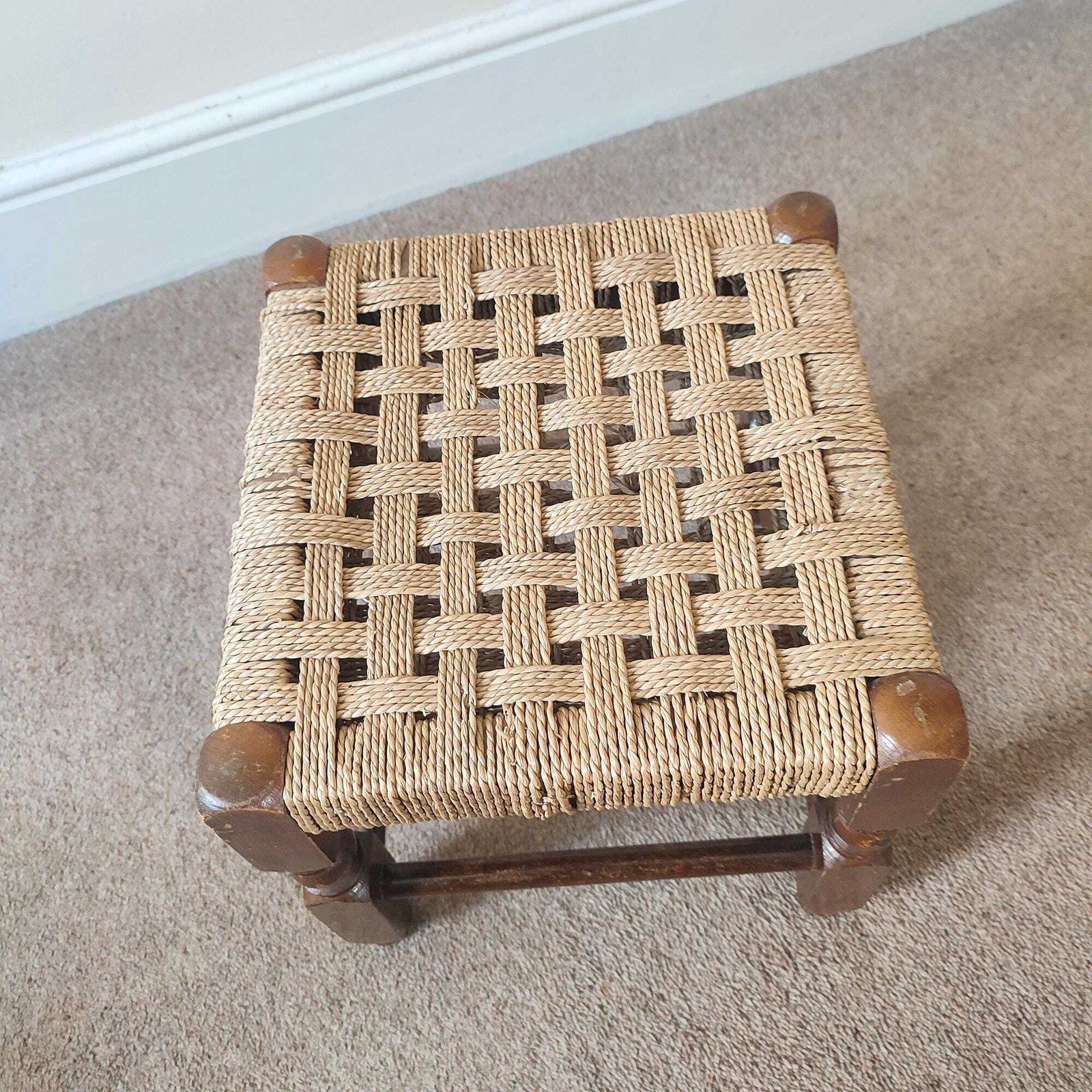 Vintage Rush Stool, Low Oak Footstool, Woven Seat, Rustic French Farmhouse, Country Cottage Decor photo Furniture