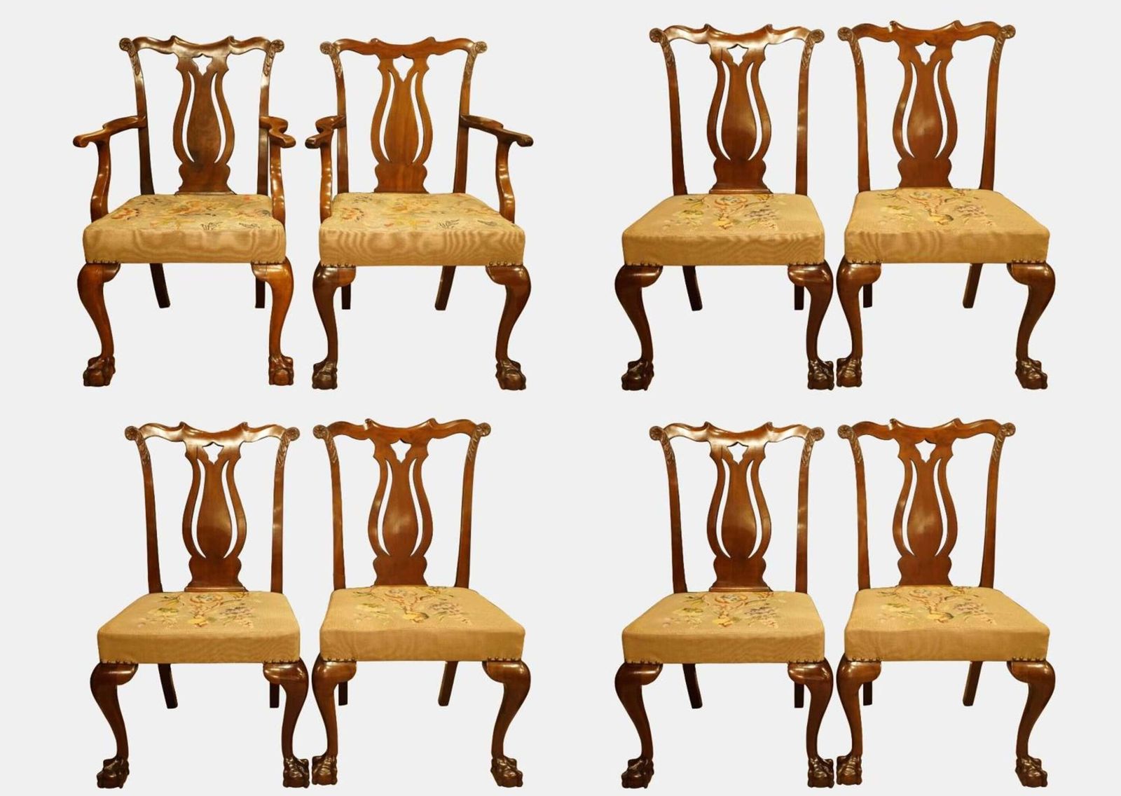 Set Of 8 Victorian Chippendale Style Mahogany Dining Chairs With Original Tapestry Seats