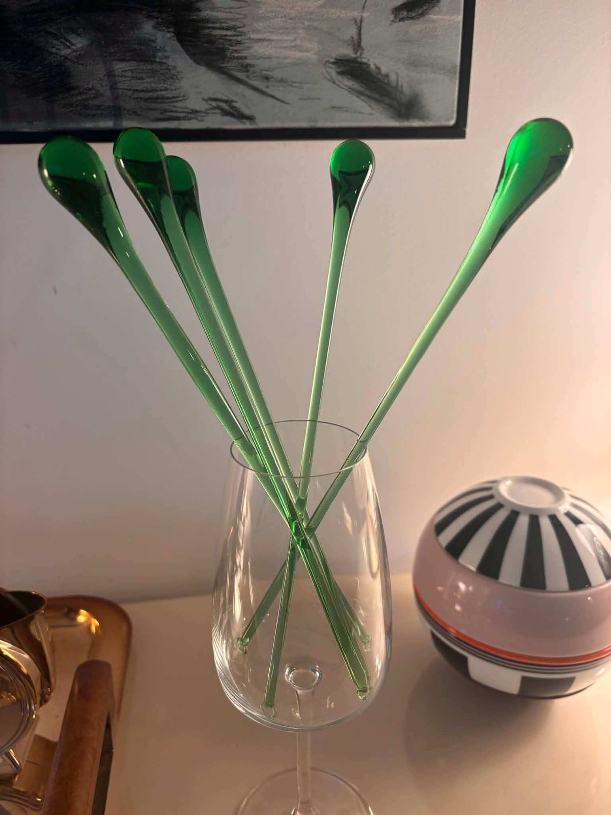 Vintage Murano Glass Cocktail Stirrers: Hand Blown Italian Swizzle Sticks, 1950s Green Bar Decor photo vinterior