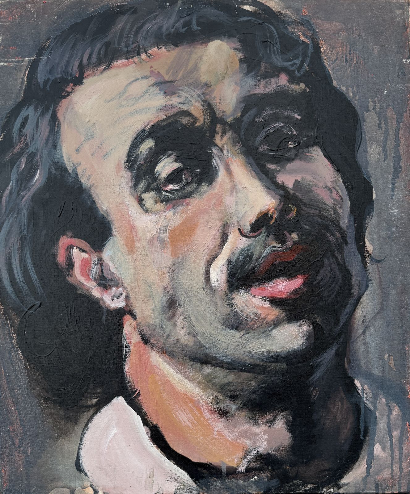Portrait expressionniste masculin au visage levé, peinture à l'huile sur toile, art européen, 2002