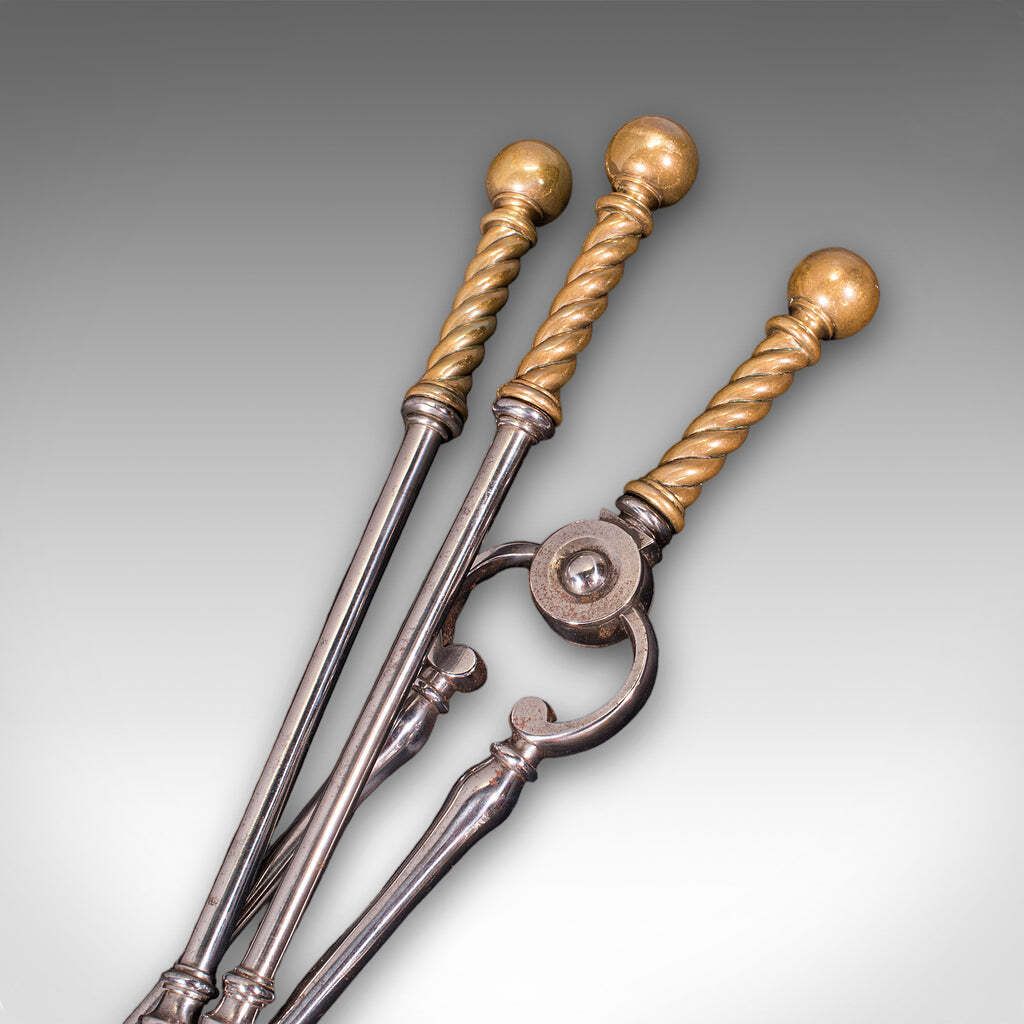 Antique Companion Set, Three Fireside Tools, English, Steel, Brass, Victorian photo buy