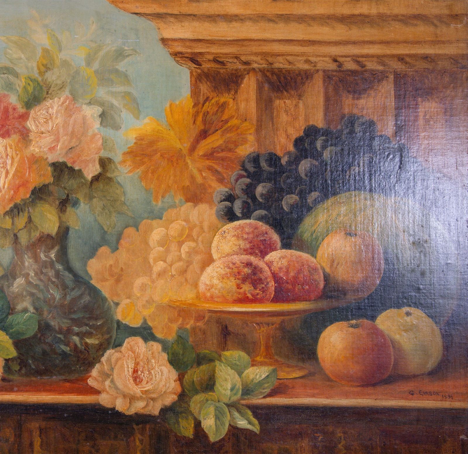 Still Life With Roses And Fruit, 17 Century Style Oil On Canvas, Dated 1896. photo vintage