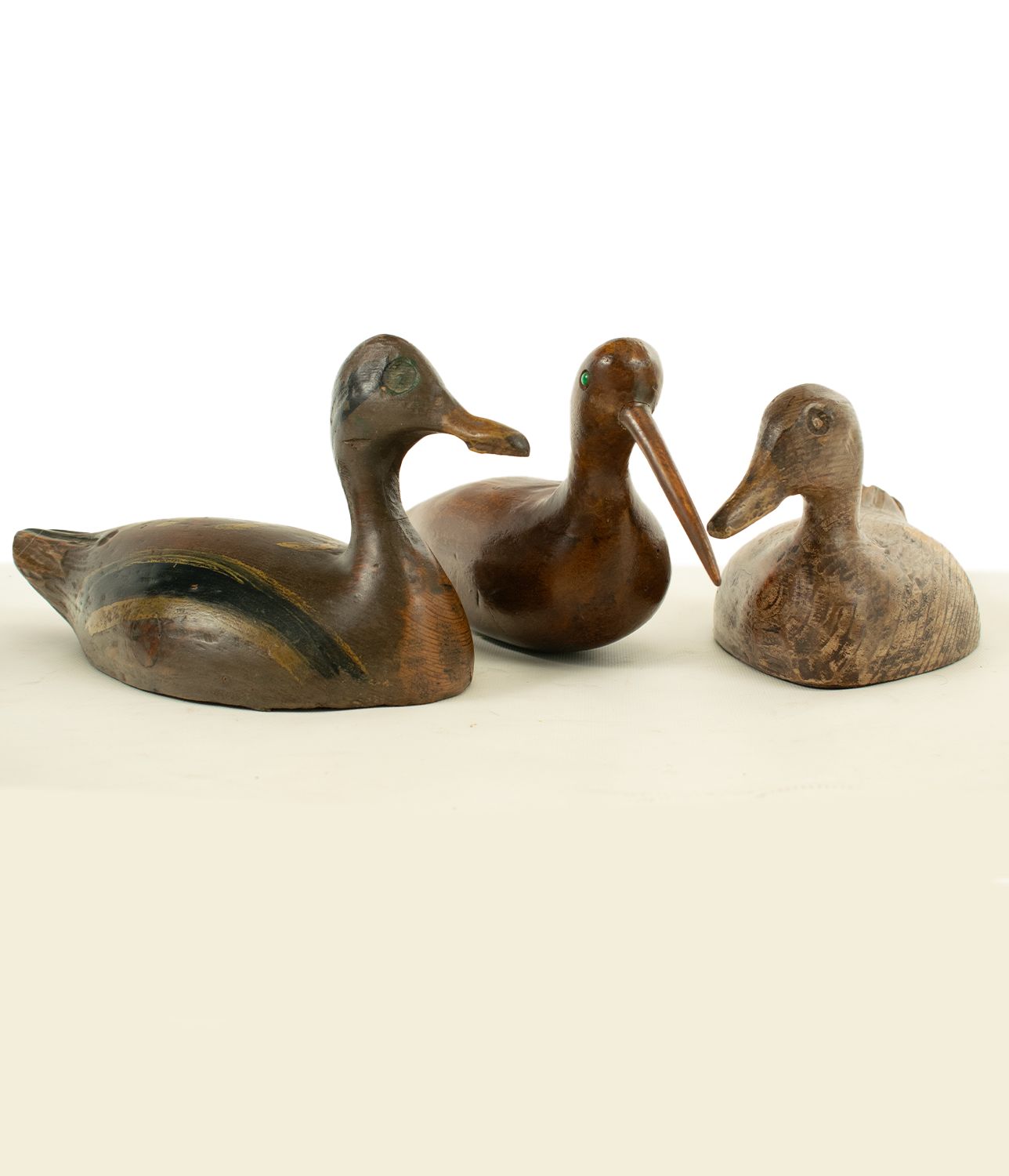 Trio de deux canards et un courlis, anciens leurres.