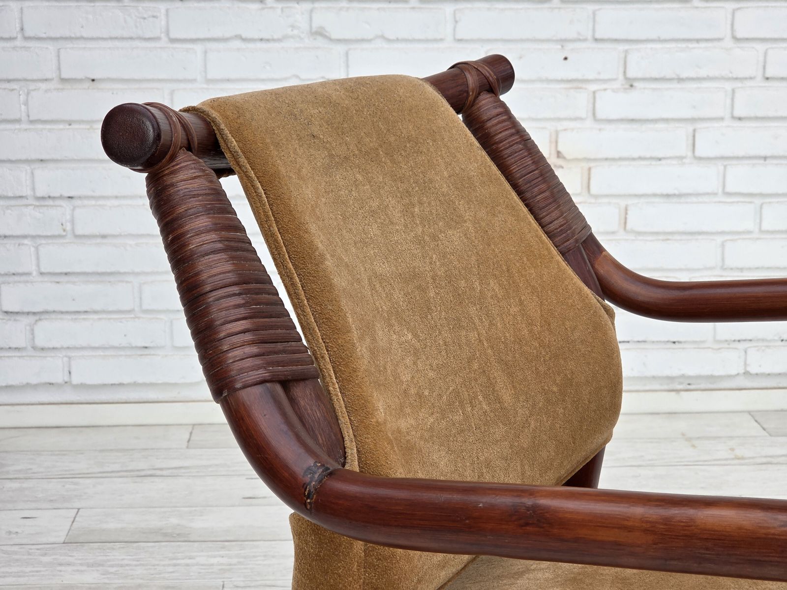 1970s, Danish Coffee Armchairs Set, Rattan, Nubuck Fabric. photo Furniture