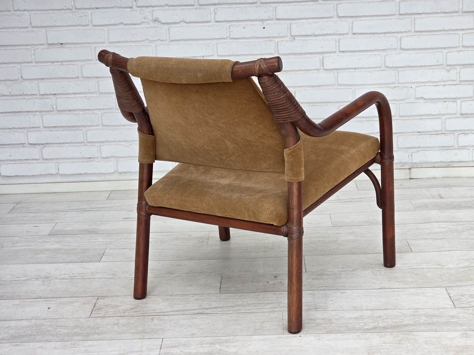Furniture 1970s, Danish Coffee Armchairs Set, Rattan, Nubuck Fabric. photo