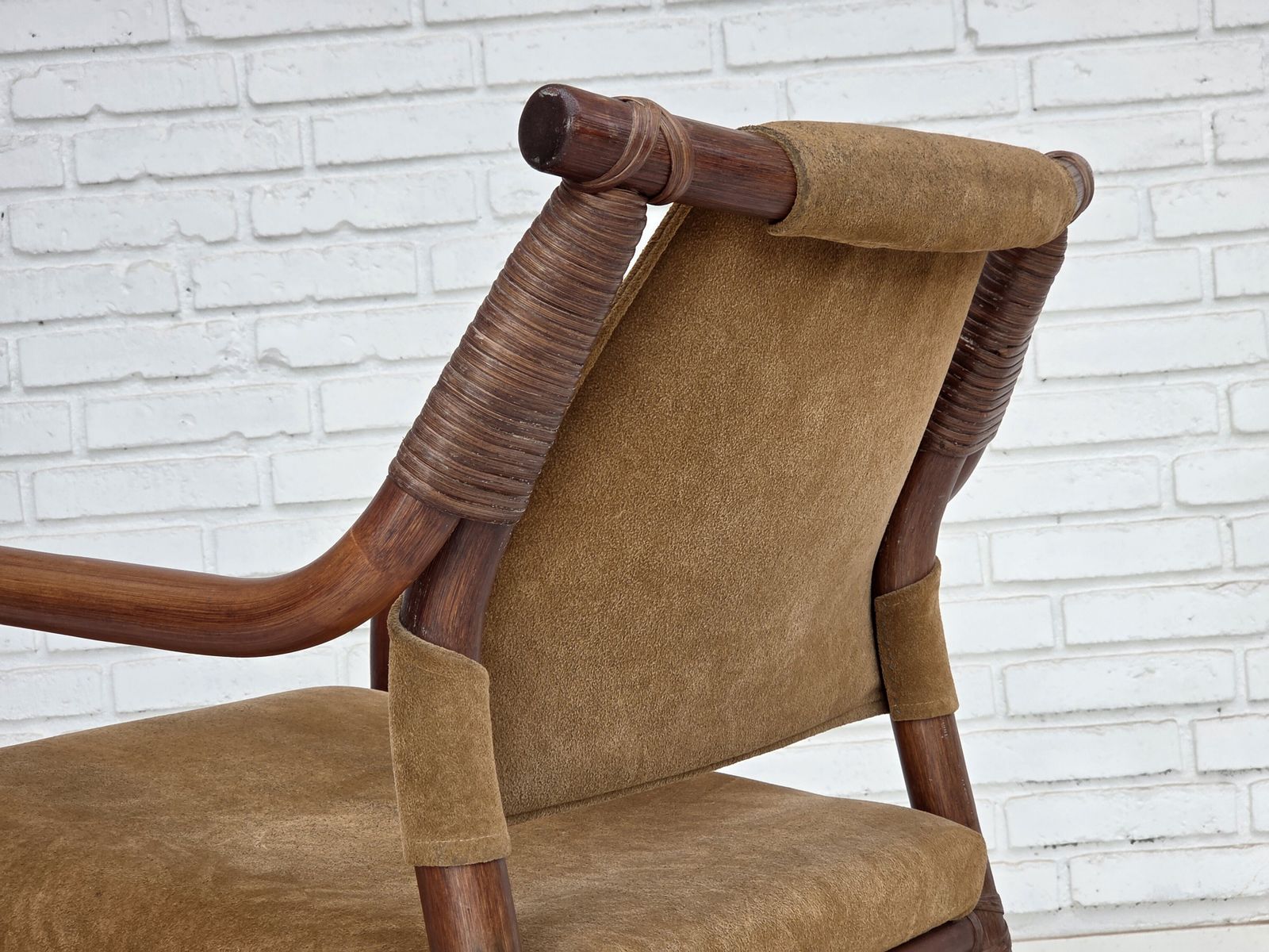 photo buy 1970s, Danish Coffee Armchairs Set, Rattan, Nubuck Fabric.