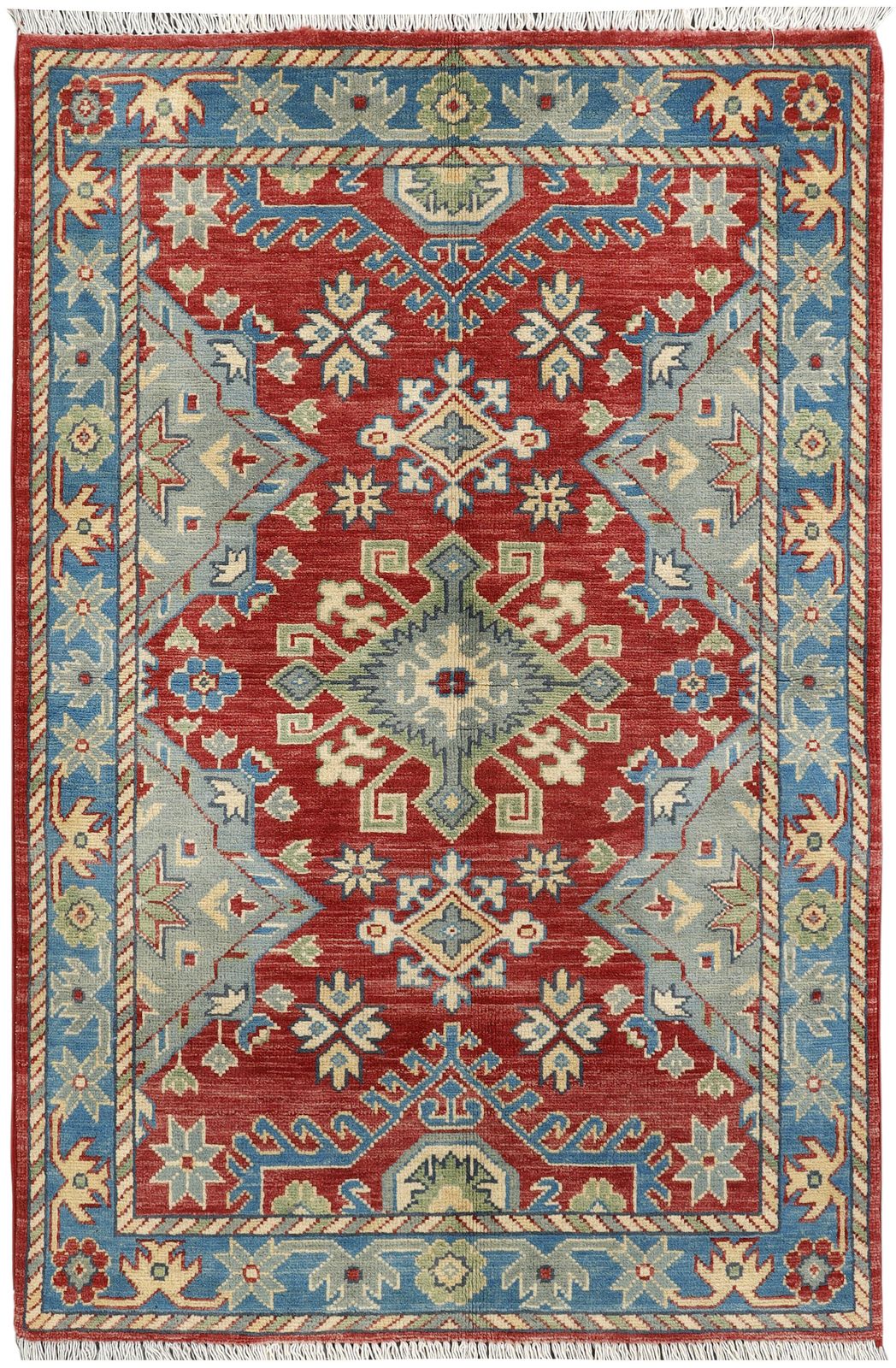 3x5 Red And Blue Kazak Oriental Wool Hand Knotted Rug