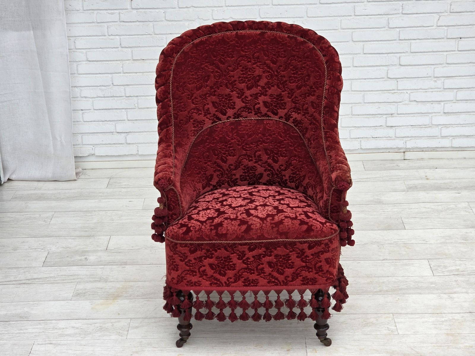 1950s, Danish Highback Armchair, Furniture Velour, Beech Wood Legs. photo for sale