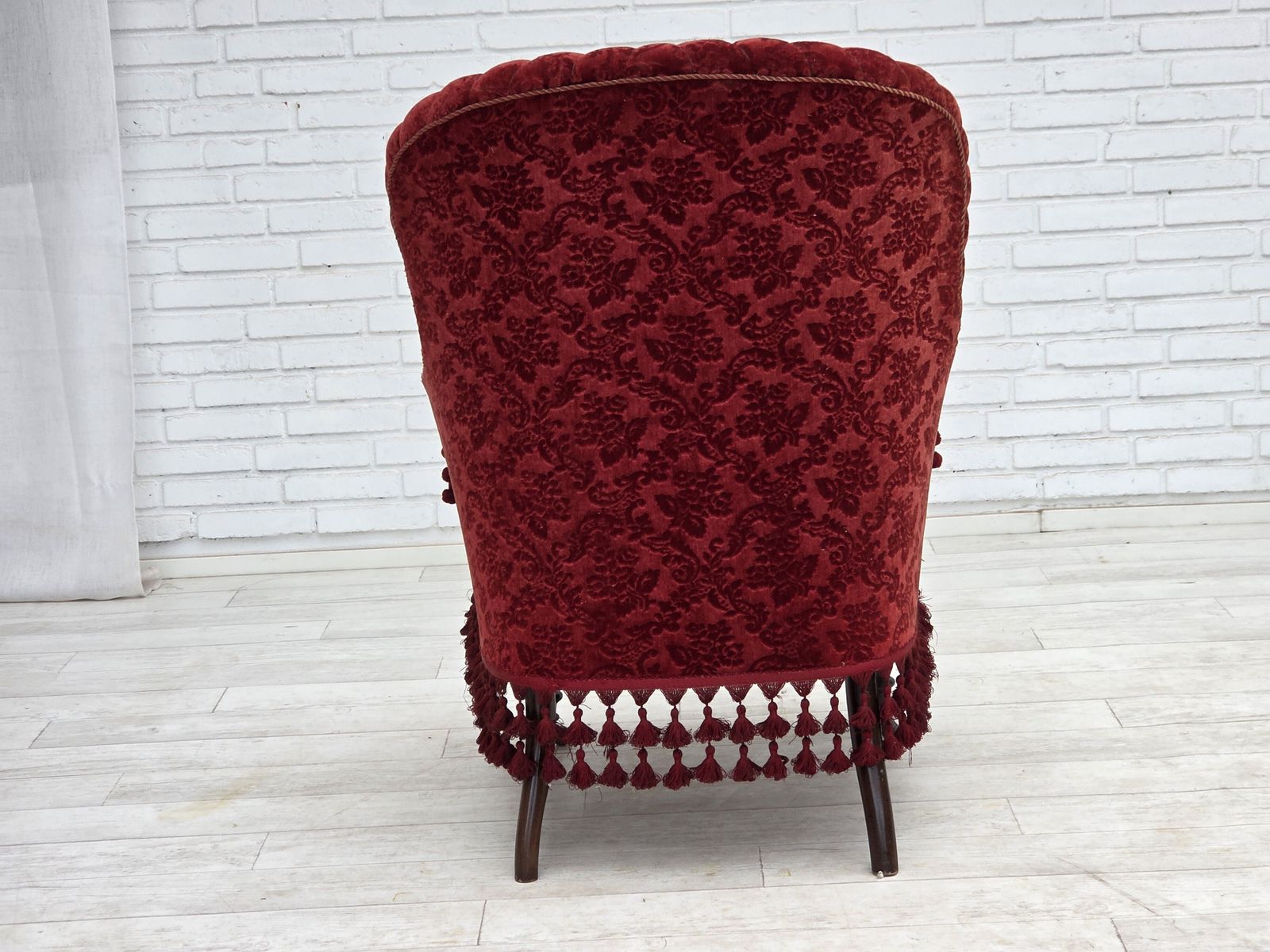 photo buy 1950s, Danish Highback Armchair, Furniture Velour, Beech Wood Legs.