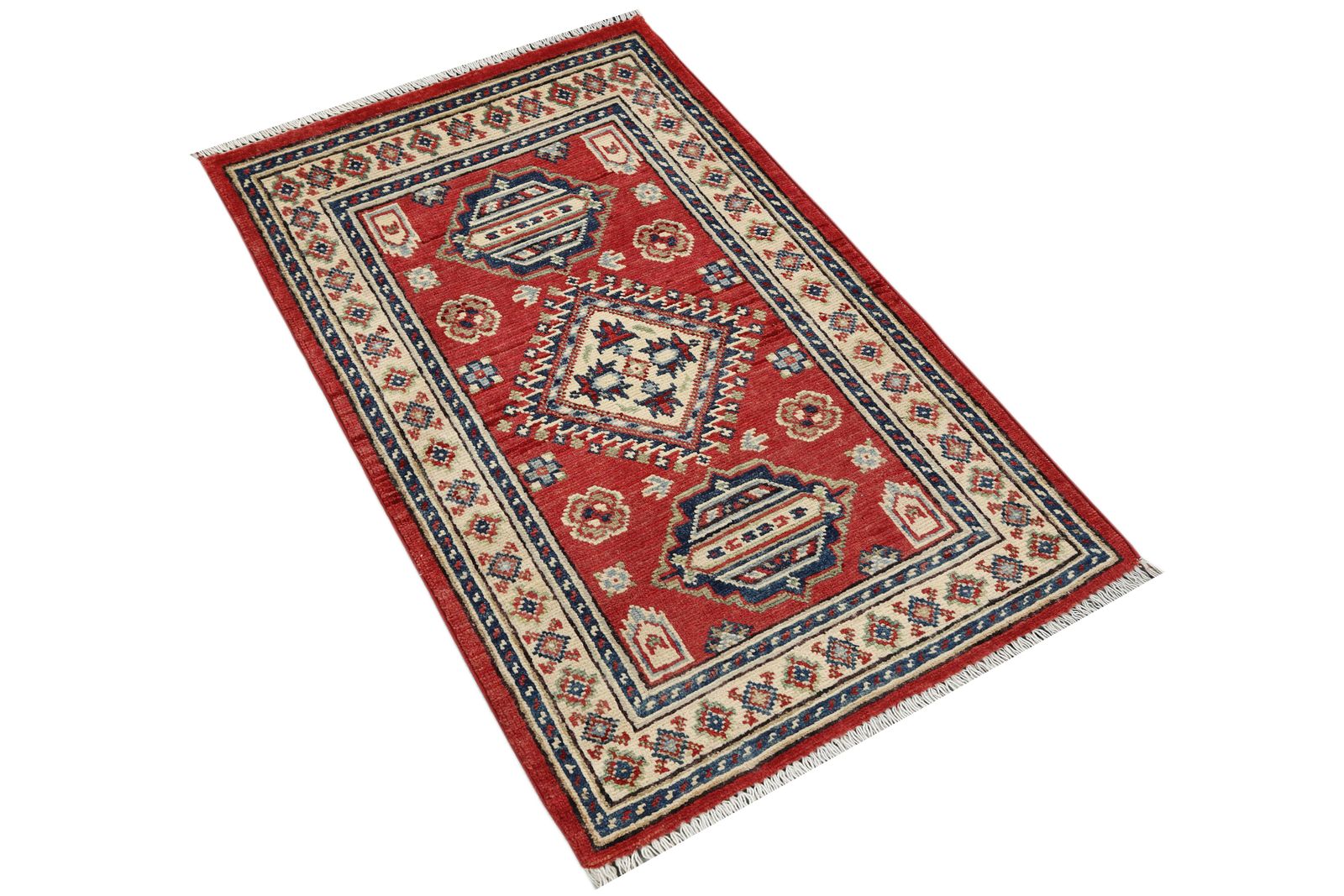 Small Red And Ivory Kazak Afghan Traditional Rug photo furniture