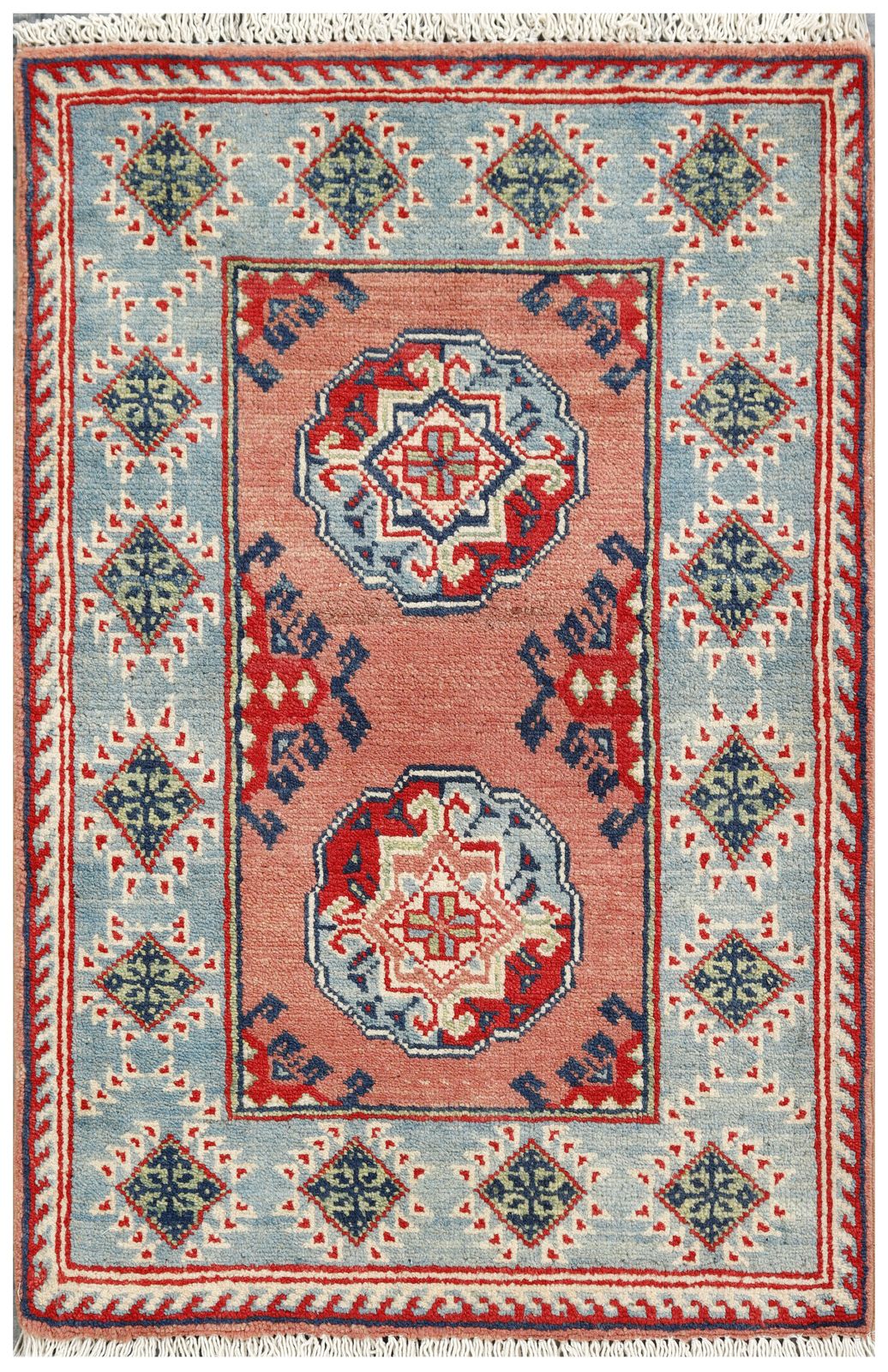 2x3 Ersari Rust And Light Blue Bokhara Turkmen Tribal Geometric Rug