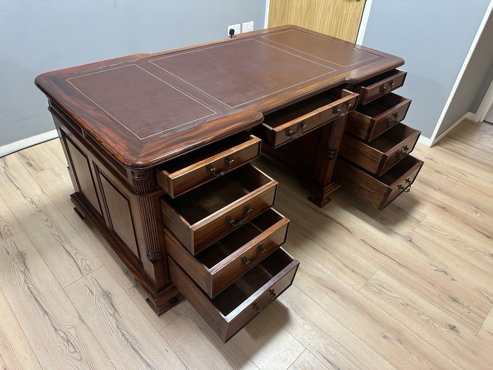 969.0 Impressive Antique Captains Bankers Desk Red Leather Twin Pedestal Partners #68 photo