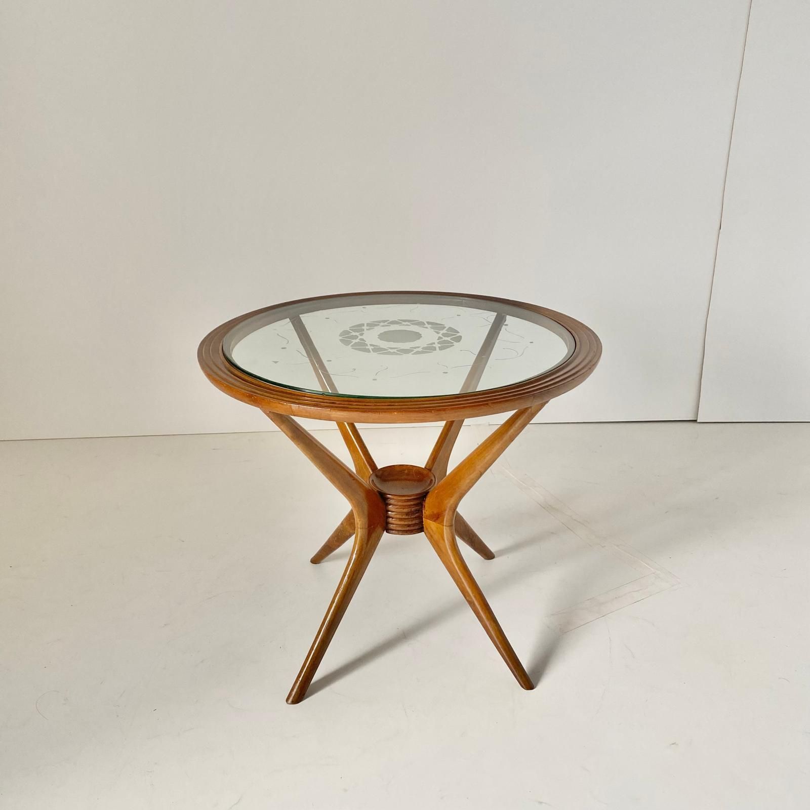 Modernist Round Wood Coffee Tabe With Spider Legs, Italy In The Style Fo Paolo Buffa. photo vinterior