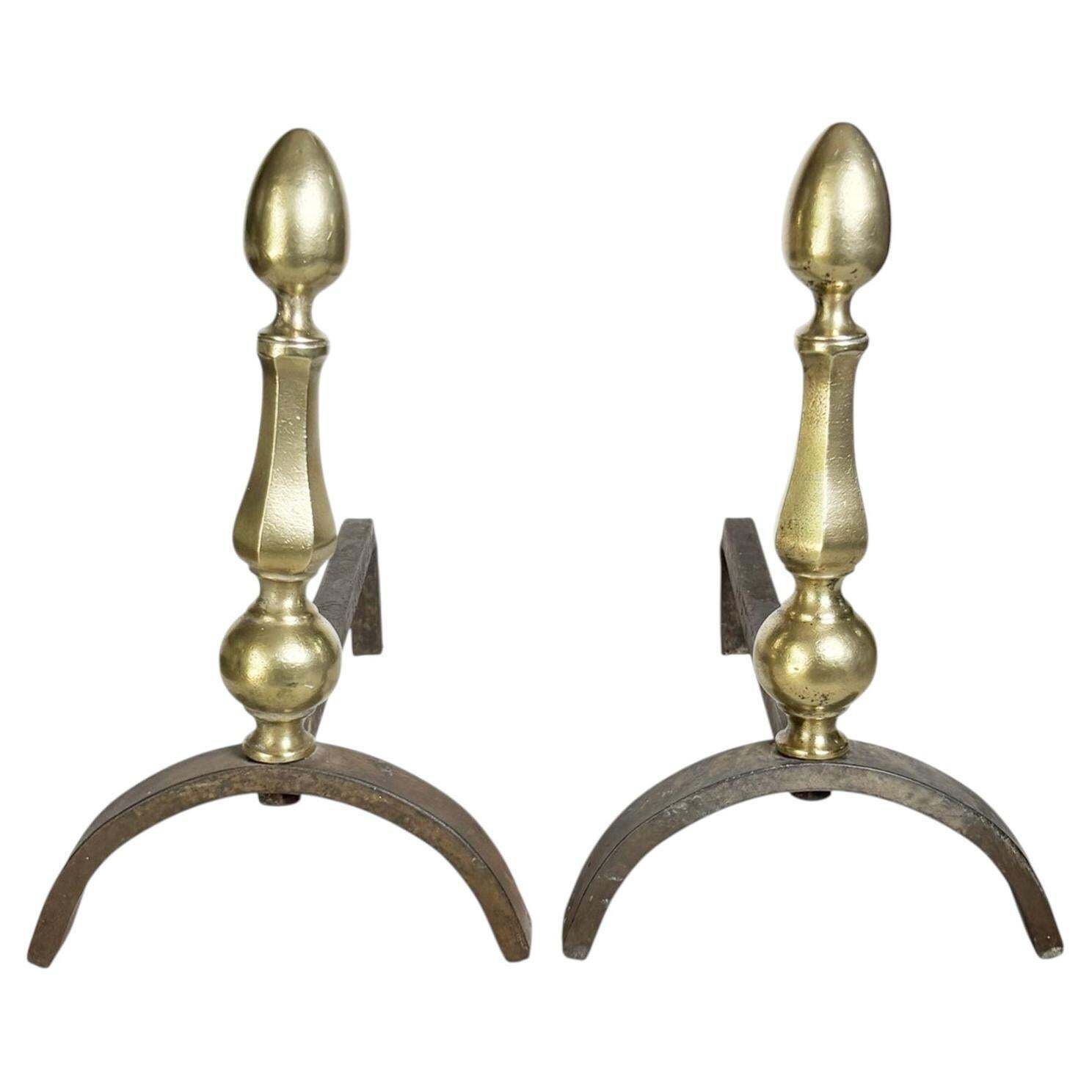 Pair Of Andirons With Brass Finials, France, 1930.