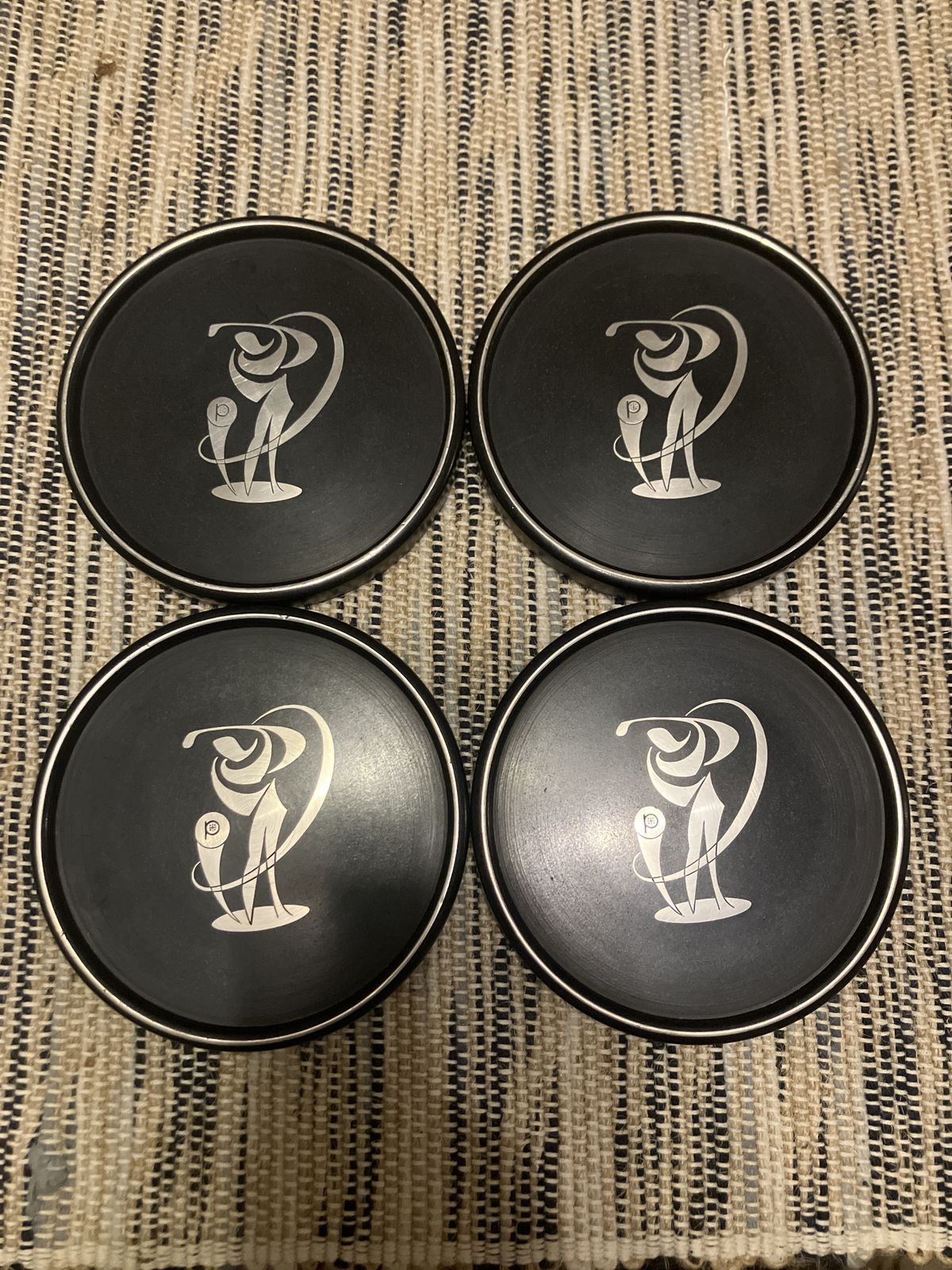 Set Of 4 Rare 1959 Swedish Perstorp “Ami” Isolit & 850 Silver Golfer Coasters — Mid Century Modern