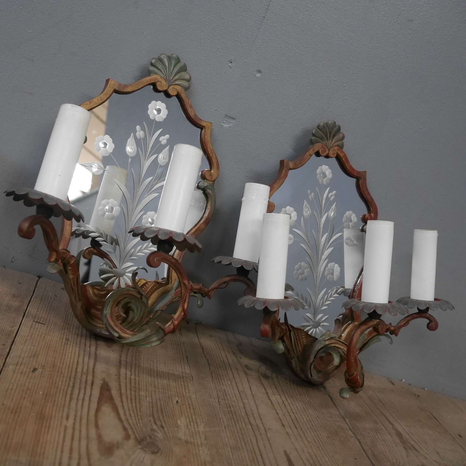 French Cut Glass Polychrome Mirrored Sconces photo vintage