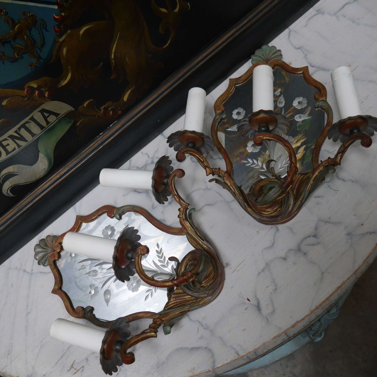 photo furniture French Cut Glass Polychrome Mirrored Sconces