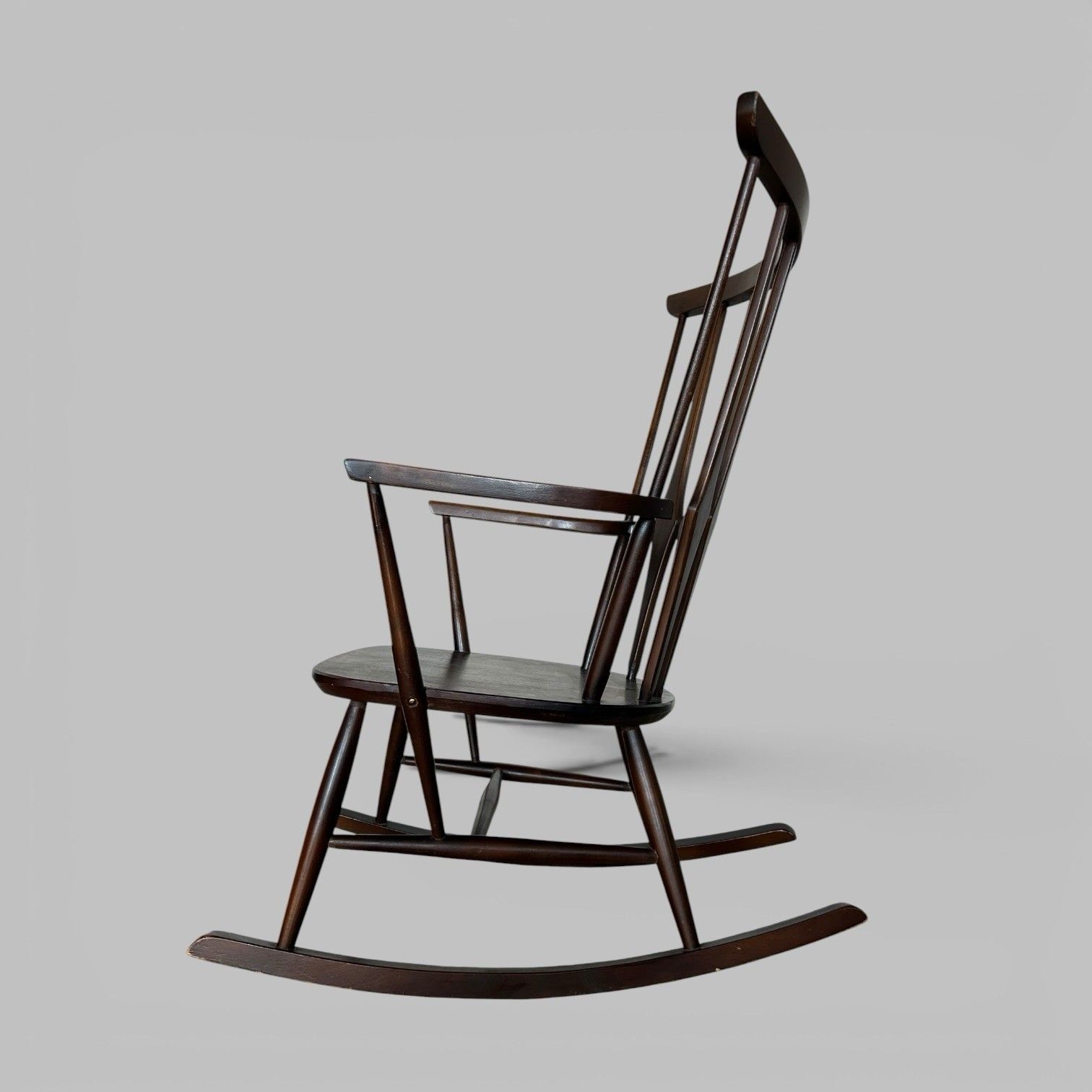 Mid Century Wooden Rocking Chair With Spindle Back photo for sale
