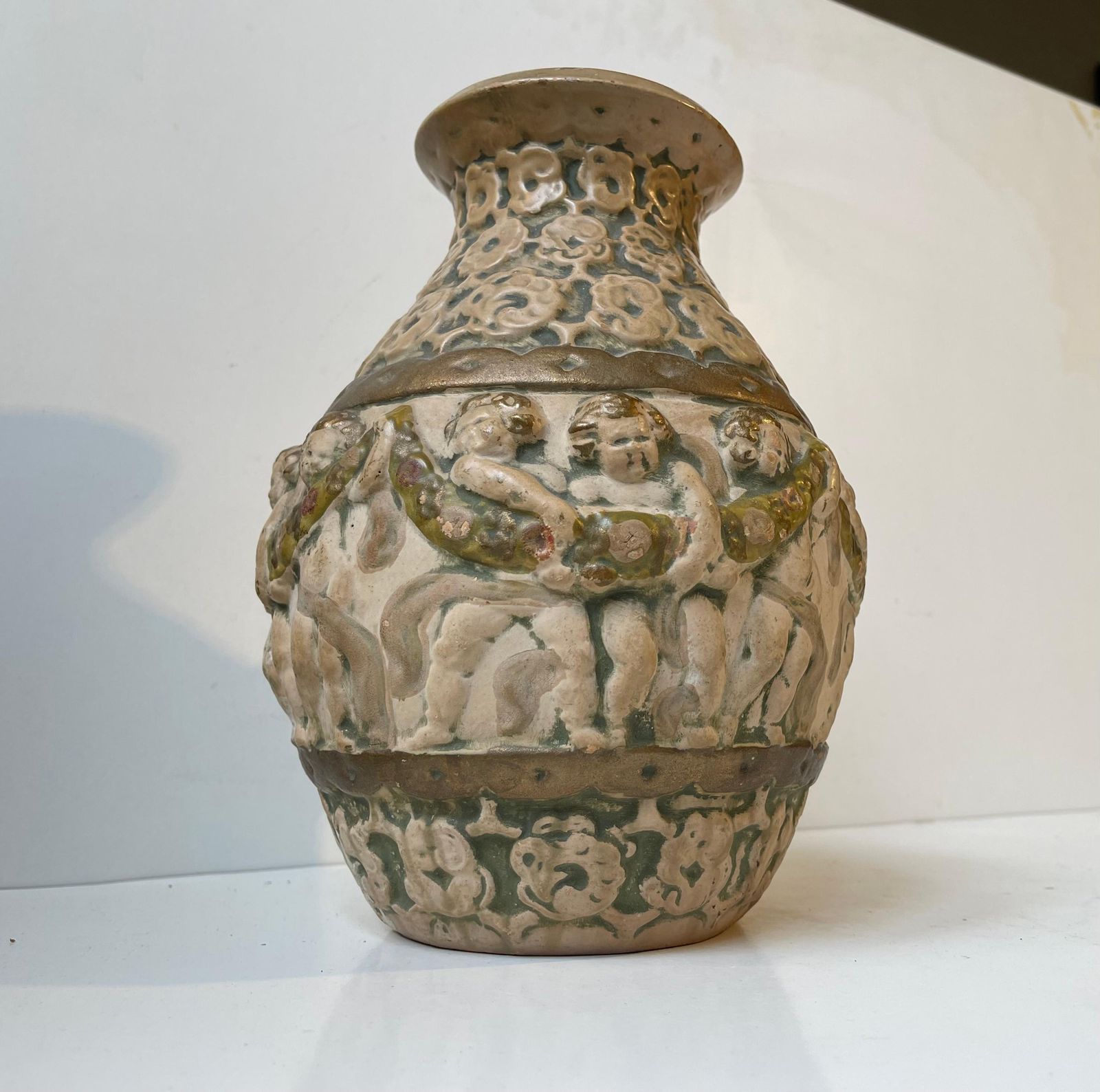 Antique Hand Painted Pottery Vase W. Putti's   Renaissance Revival In Style photo buy
