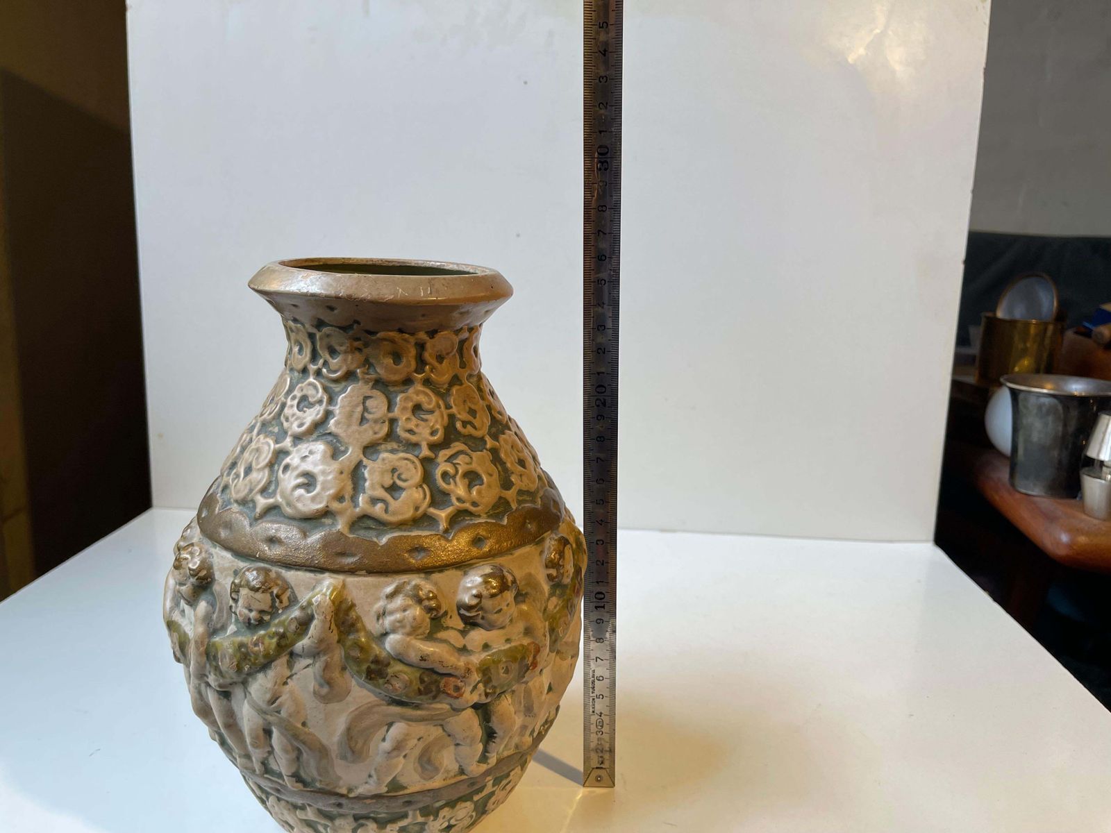 photo furniture Antique Hand Painted Pottery Vase W. Putti's   Renaissance Revival In Style