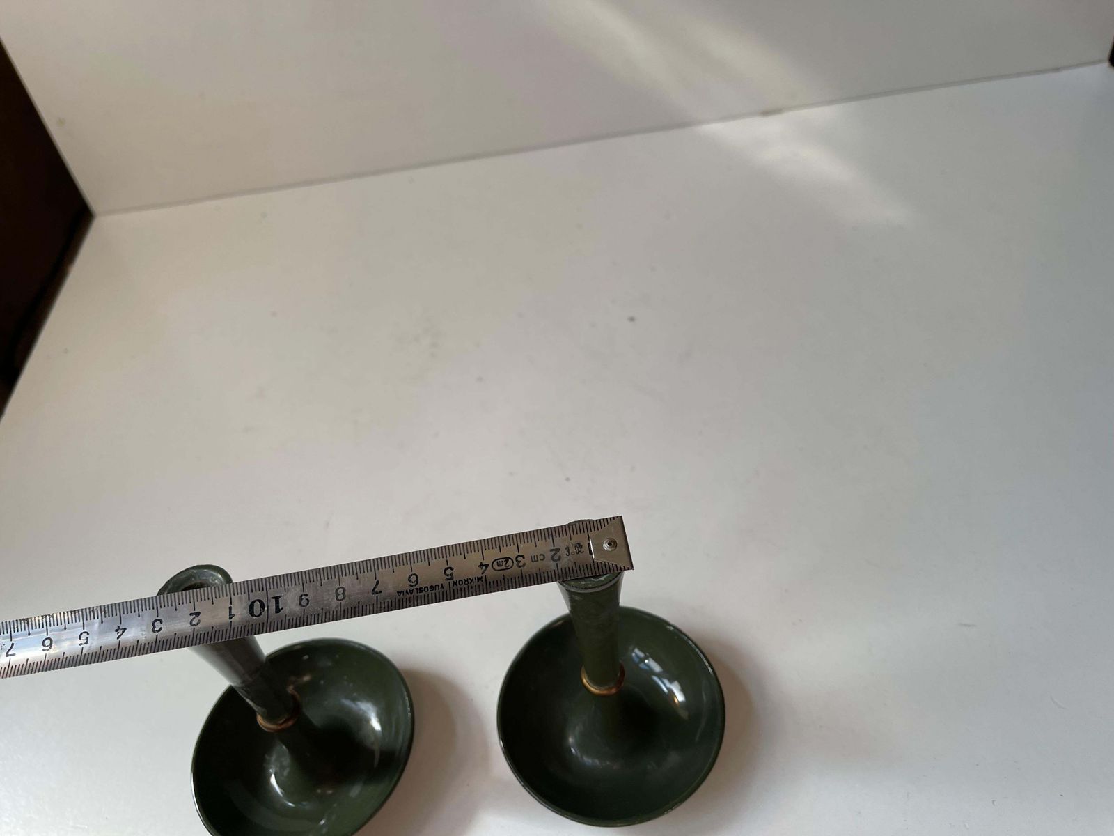 photo for sale Ens Harald Quistgaard Candleholders In Green Enamel, Brass & Cast Iron, 1960s