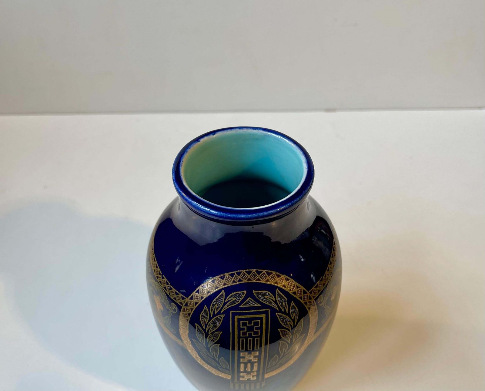 French Neo Classical Cobalt Blue Majolica Vase By Sarreguemines, 1920s photo 341.0