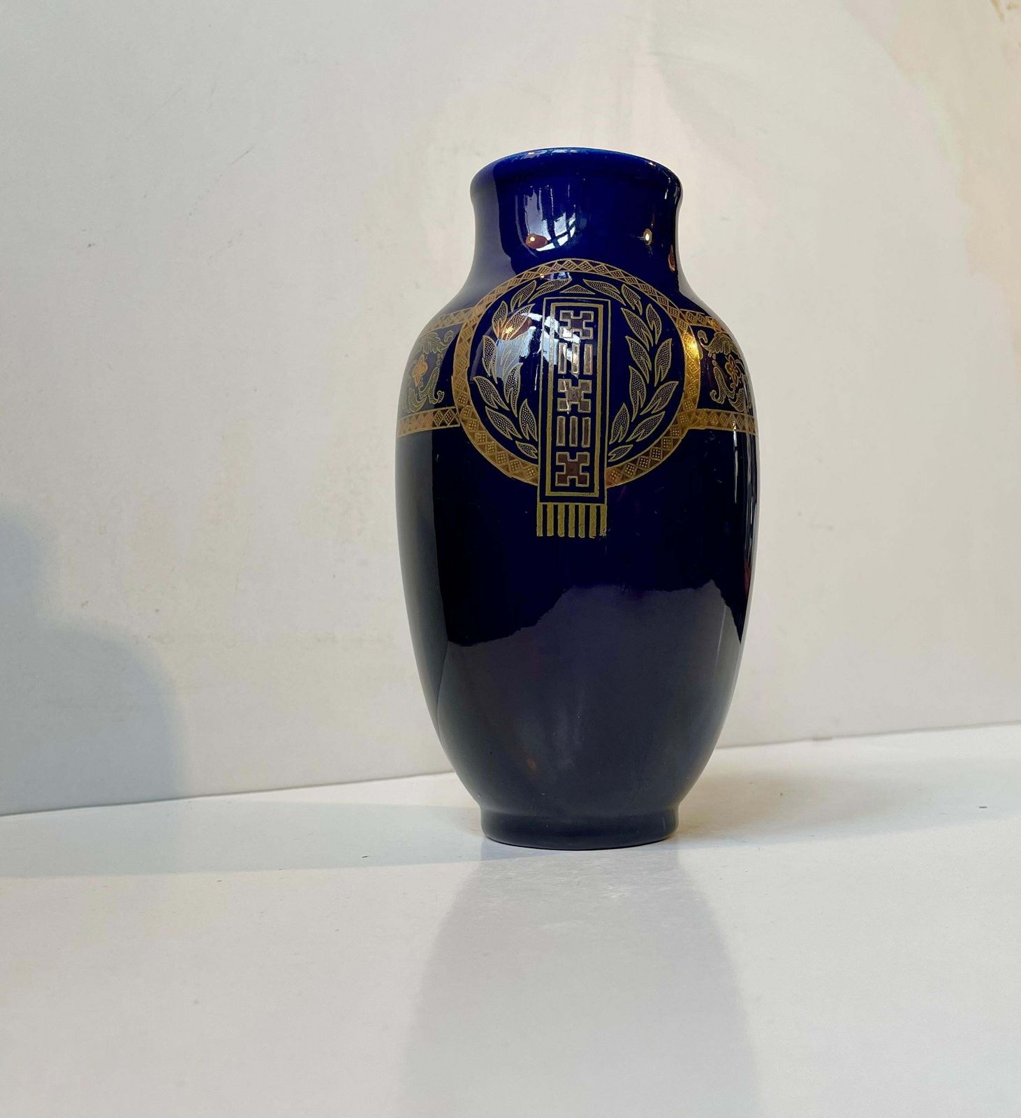 French Neo Classical Cobalt Blue Majolica Vase By Sarreguemines, 1920s photo vinterior