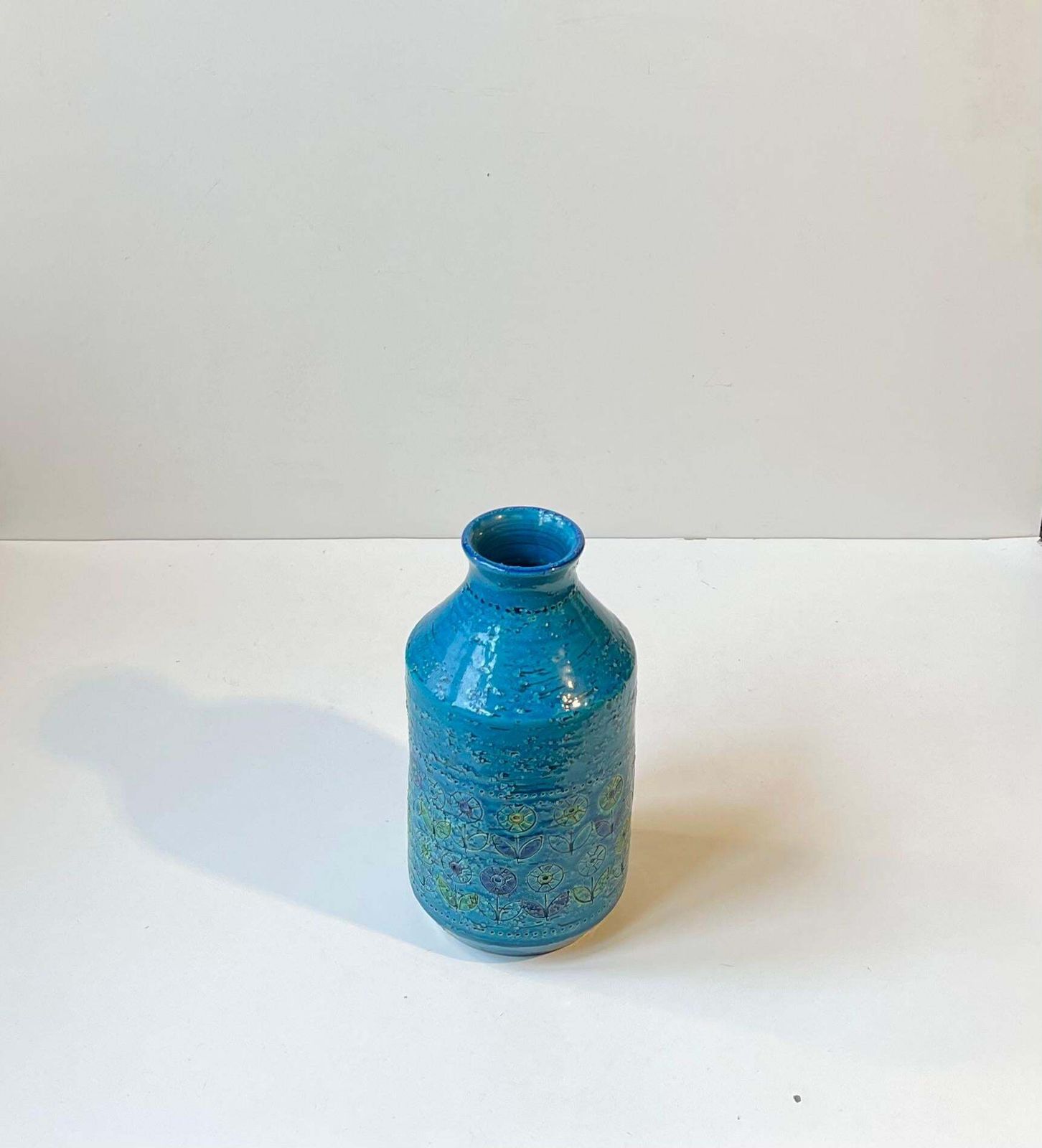Italian Modern Turquoise Stoneware Vase W.Sunflowers By Aldo Londi For Bitossi photo 381.0