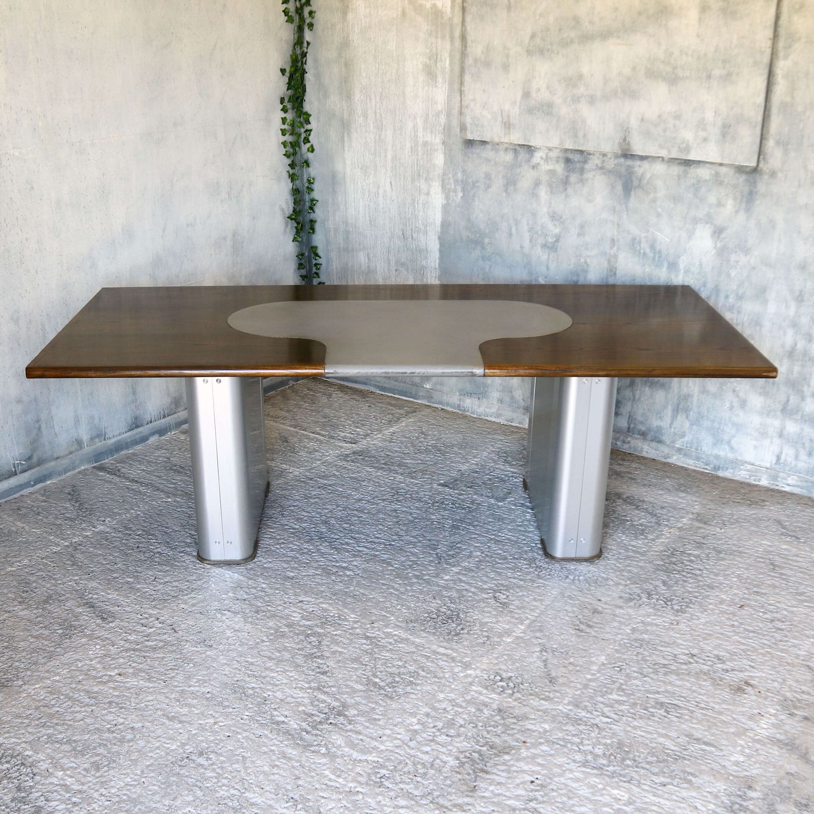 Large Industrial Desk   Aged Oak Top, Grey Leather & Aviation Style Pedestals C.1970s 80s photo Furniture